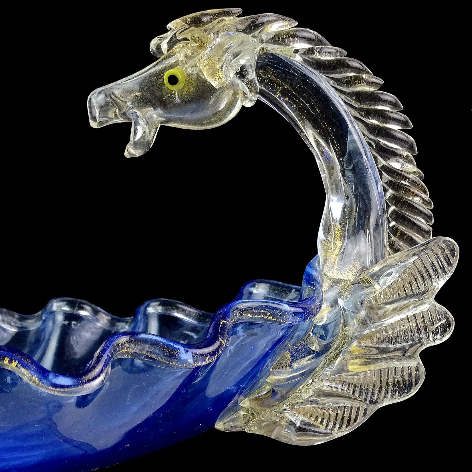 Hand-Crafted Venetian Blue Gold Flecks Pegasus Italian Art Glass Centrepiece Compote Bowl For Sale