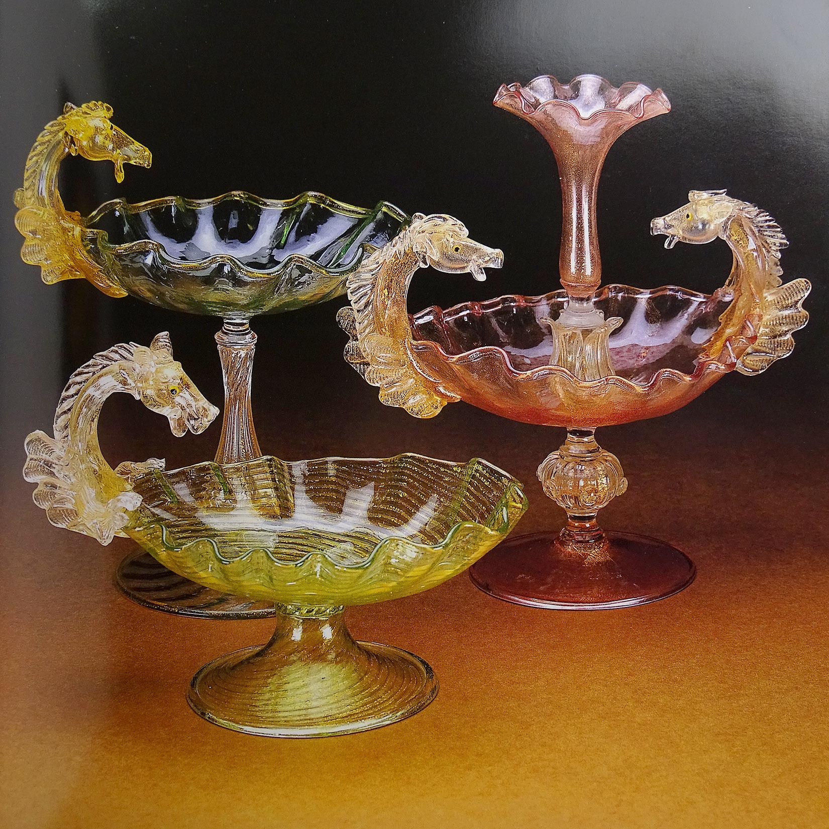 20th Century Venetian Blue Gold Flecks Pegasus Italian Art Glass Centrepiece Compote Bowl For Sale
