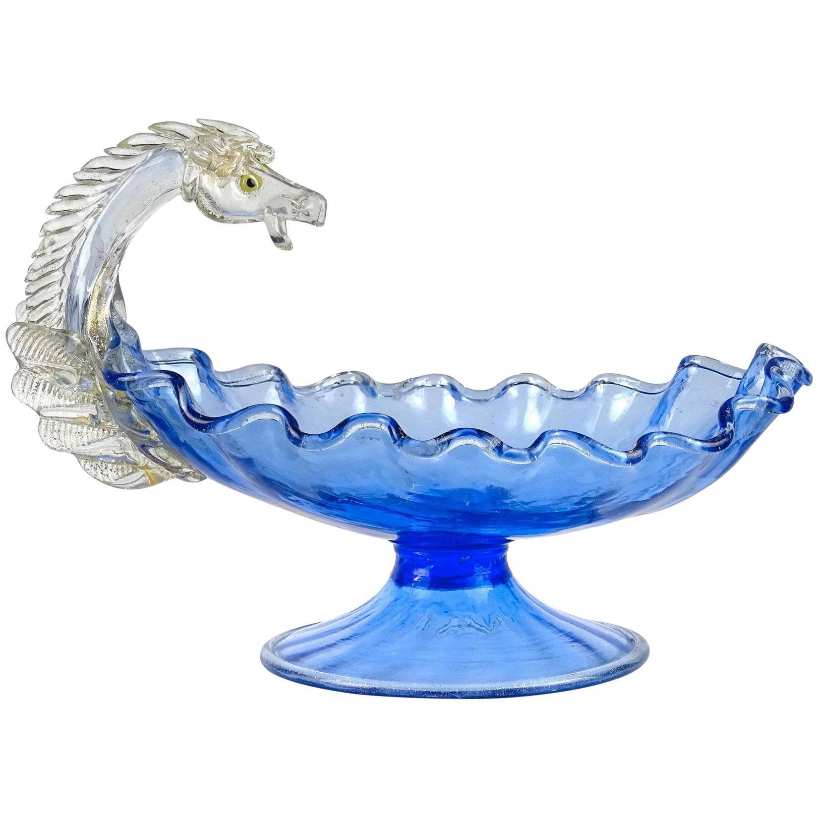 Venetian Blue Gold Flecks Pegasus Italian Art Glass Centrepiece Compote Bowl For Sale