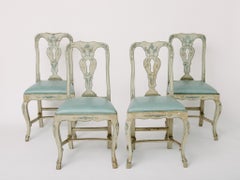 Set of Four Venetian Wood and Blue Leather Chairs