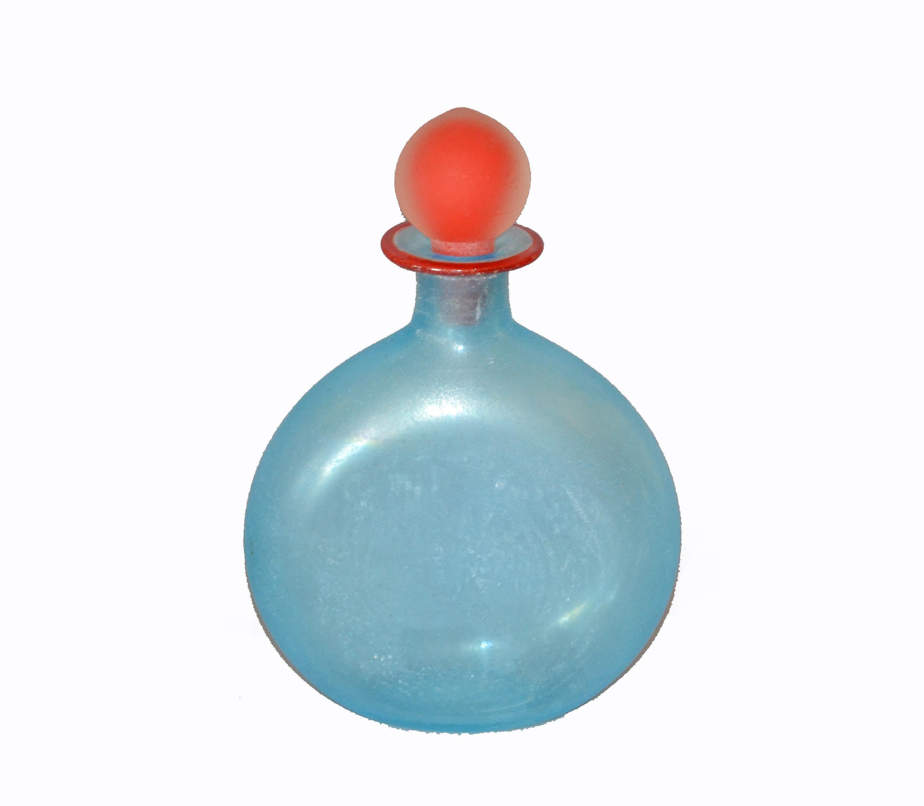 Mid-Century Modern Venetian Blue Murano Art Glass Decanter, Vessel with Red Stopper, Italy