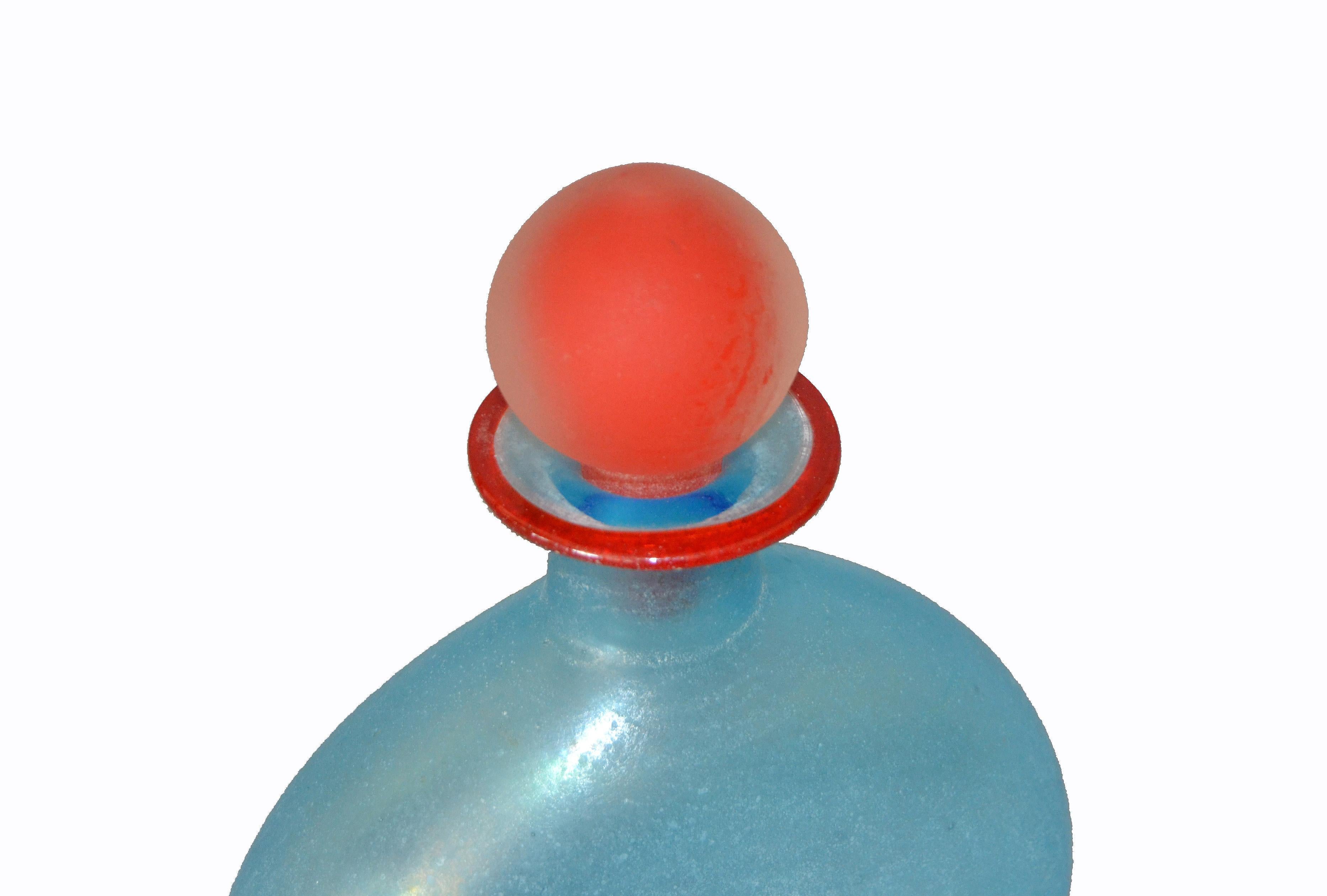 Italian Venetian Blue Murano Art Glass Decanter, Vessel with Red Stopper, Italy
