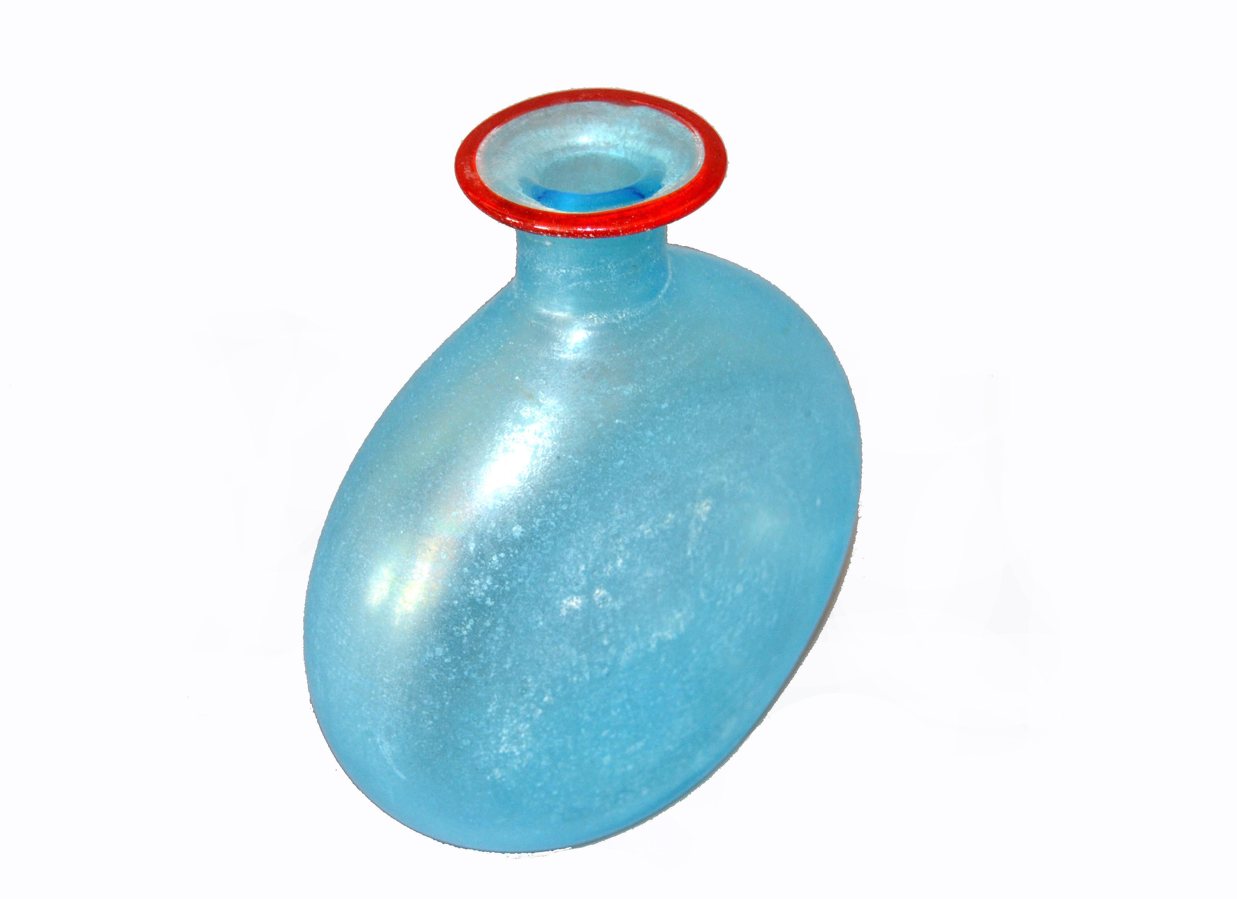 Late 20th Century Venetian Blue Murano Art Glass Decanter, Vessel with Red Stopper, Italy