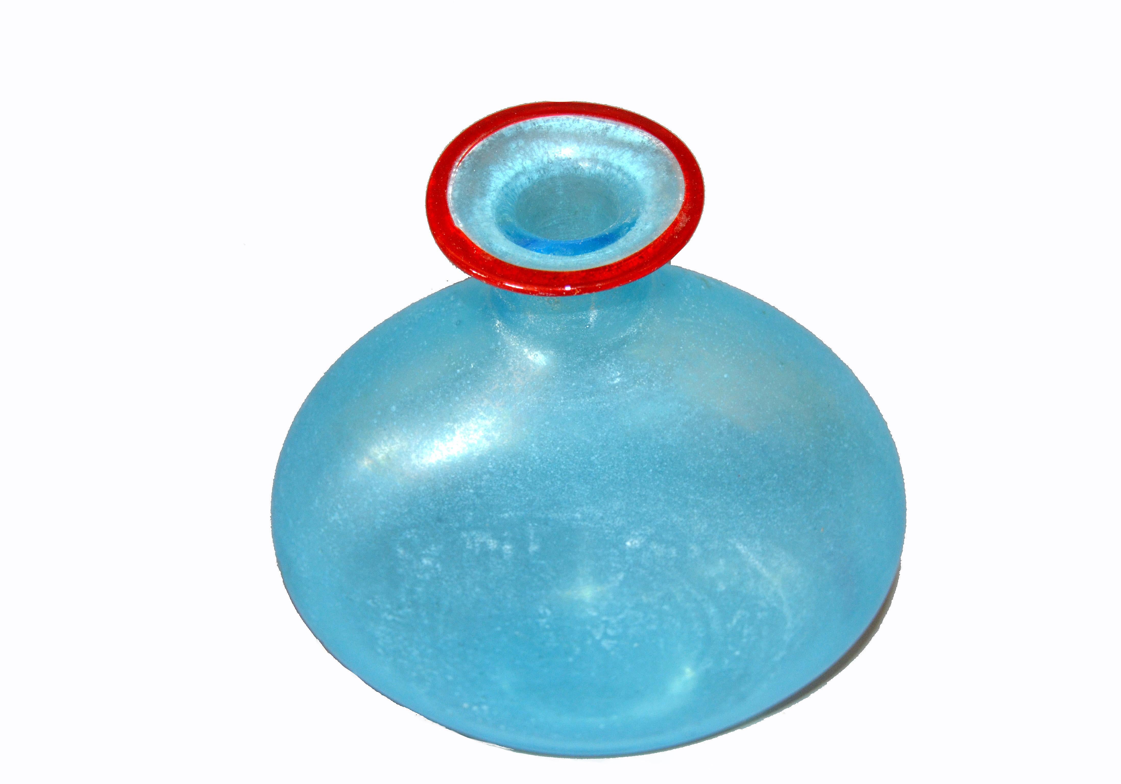 Venetian Blue Murano Art Glass Decanter, Vessel with Red Stopper, Italy 1