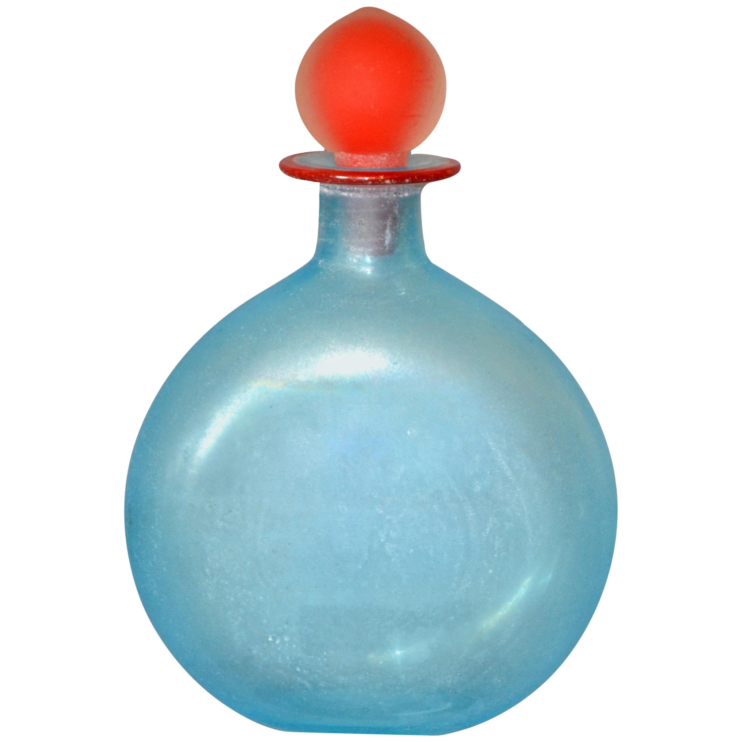 Venetian Blue Murano Art Glass Decanter, Vessel with Red Stopper, Italy