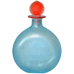 Venetian Blue Murano Art Glass Decanter, Vessel with Red Stopper, Italy