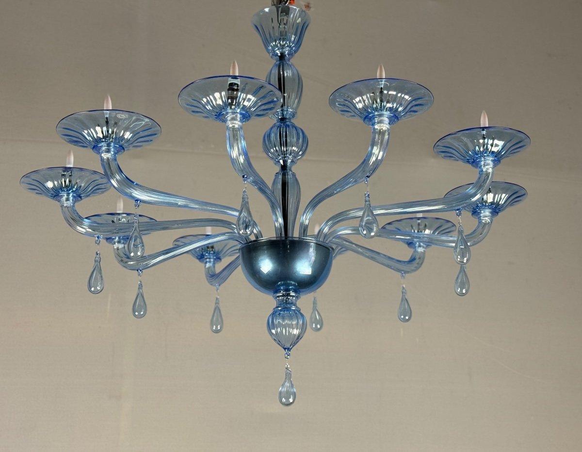 Lampadario in vetro di Murano blu veneziano, 10 bracci luminosi, modello Venini, Circa 1980 in vendita 4