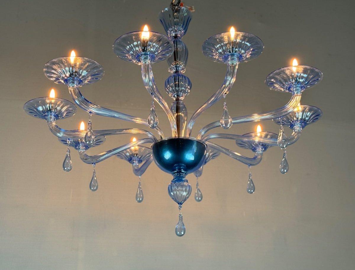 Lampadario in vetro di Murano blu veneziano, 10 bracci luminosi, modello Venini, Circa 1980 in vendita 6