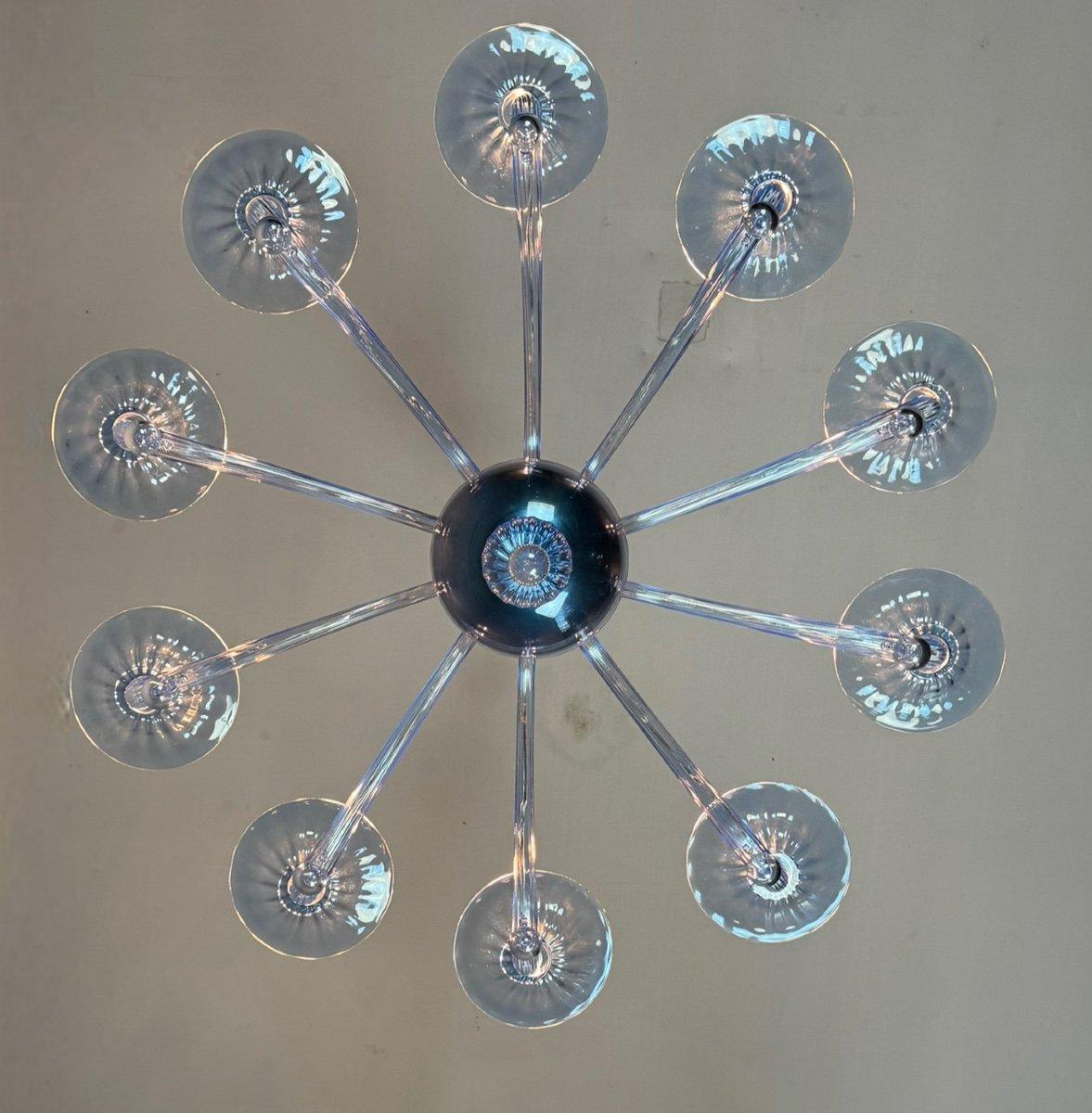 Art Déco Lampadario in vetro di Murano blu veneziano, 10 bracci luminosi, modello Venini, Circa 1980 in vendita