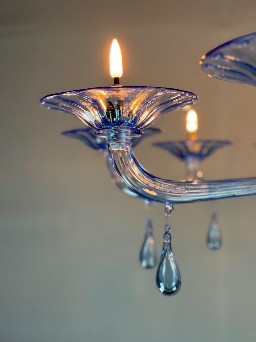 Italiano Lampadario in vetro di Murano blu veneziano, 10 bracci luminosi, modello Venini, Circa 1980 in vendita