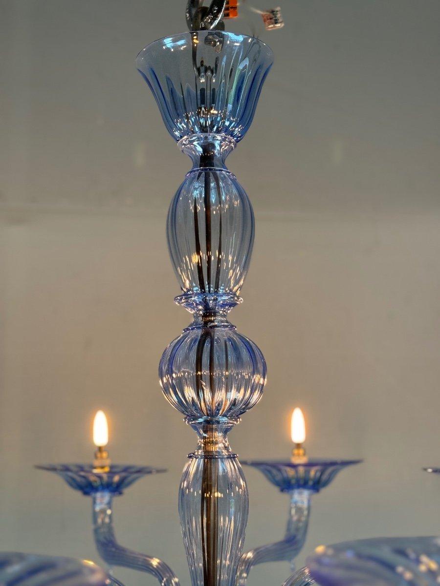 Lampadario in vetro di Murano blu veneziano, 10 bracci luminosi, modello Venini, Circa 1980 In condizioni ottime in vendita a Honnelles, WHT