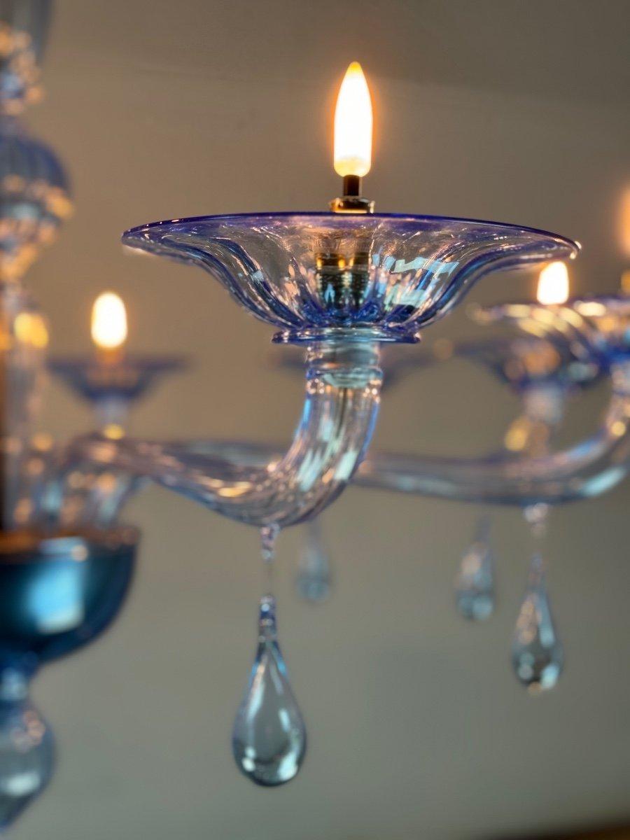 XX secolo Lampadario in vetro di Murano blu veneziano, 10 bracci luminosi, modello Venini, Circa 1980 in vendita