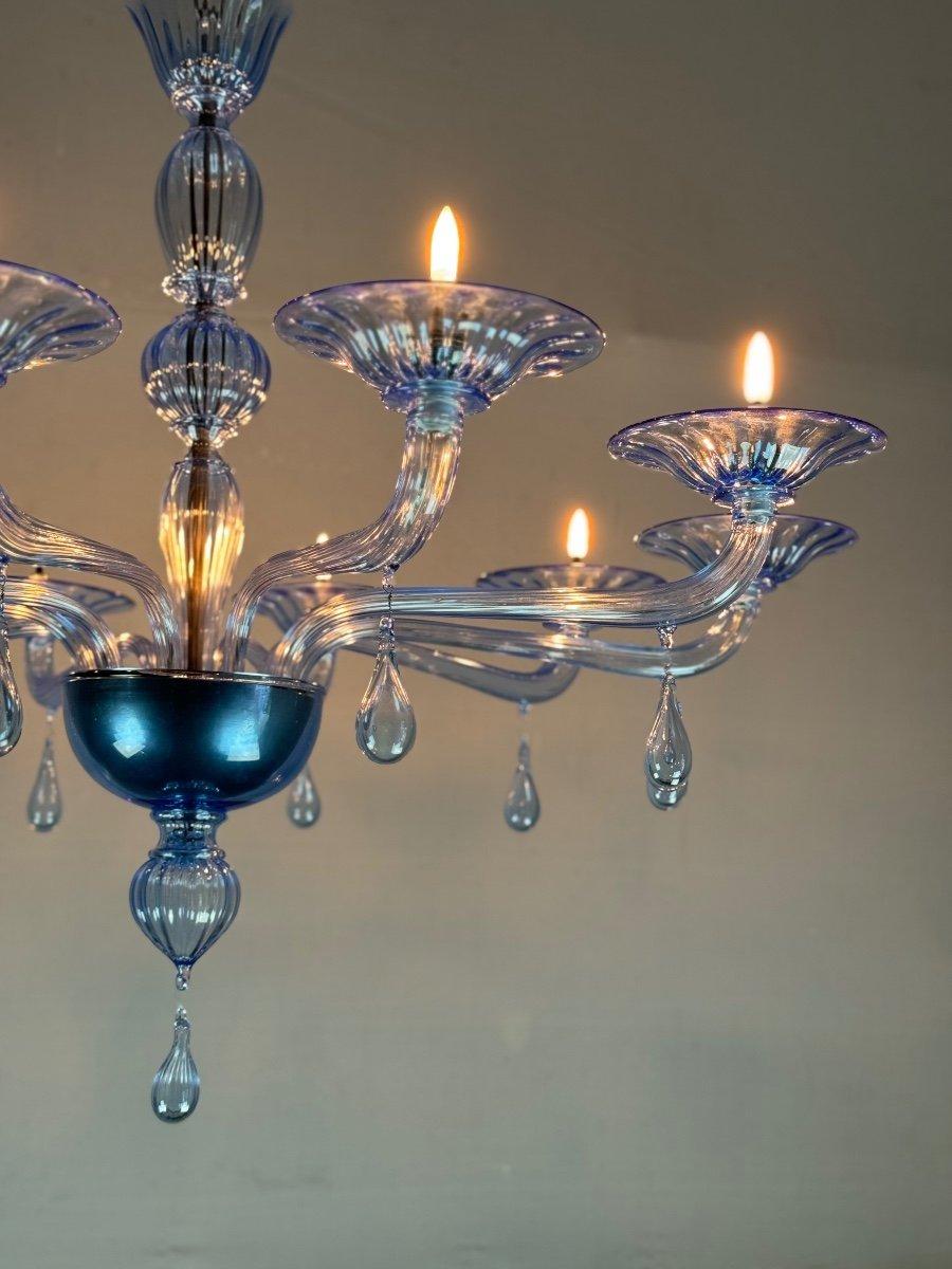 Cristallo Lampadario in vetro di Murano blu veneziano, 10 bracci luminosi, modello Venini, Circa 1980 in vendita
