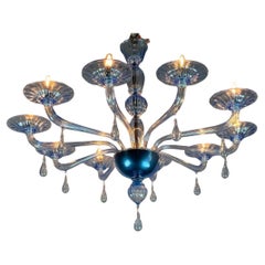 Venetian Blue Murano Glass Chandelier, 10 Light Arms, Venini Model, Circa 1980