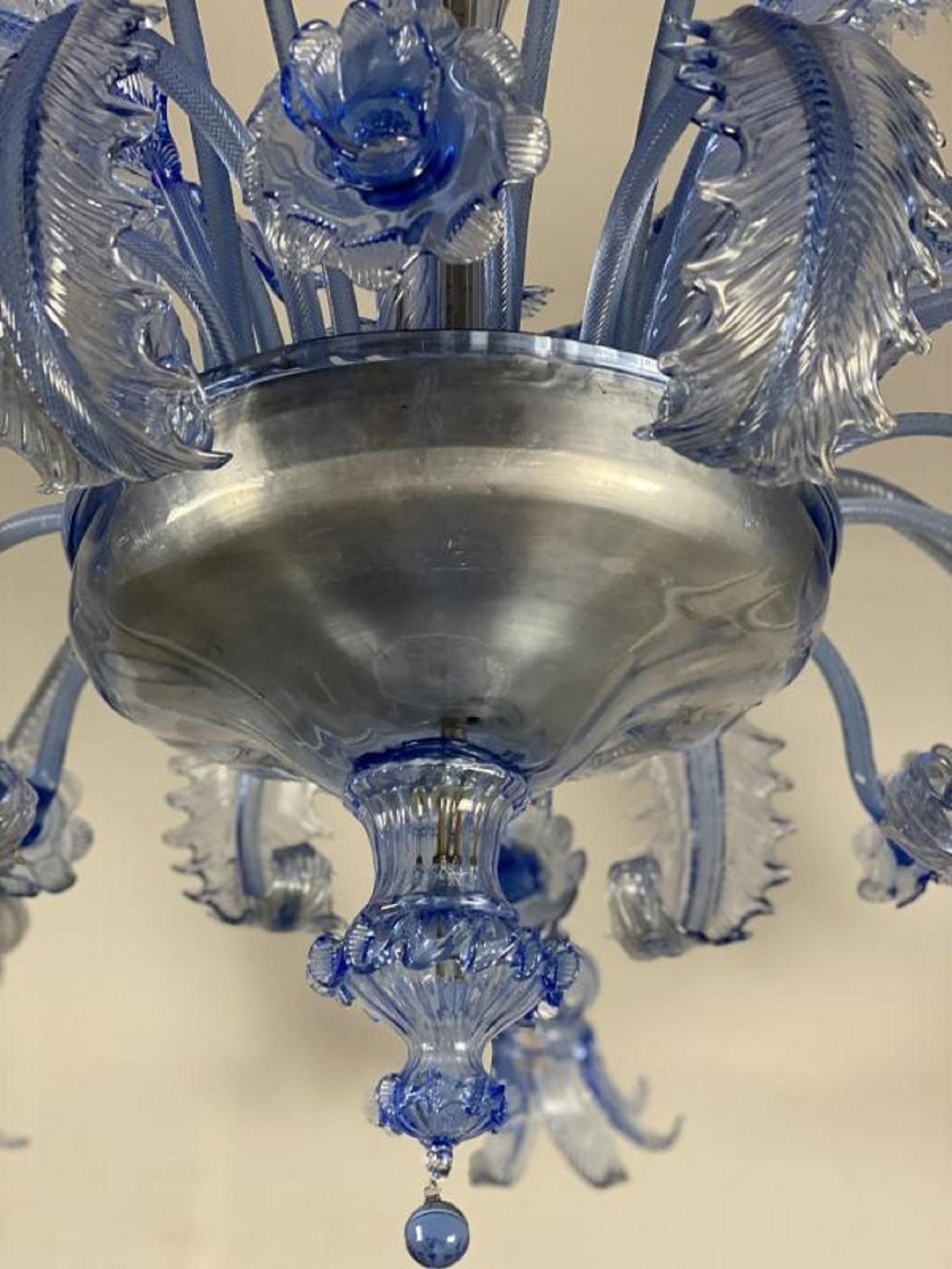 Italian Venetian Blue Murano Glass Chandelier by Venini, circa 1940