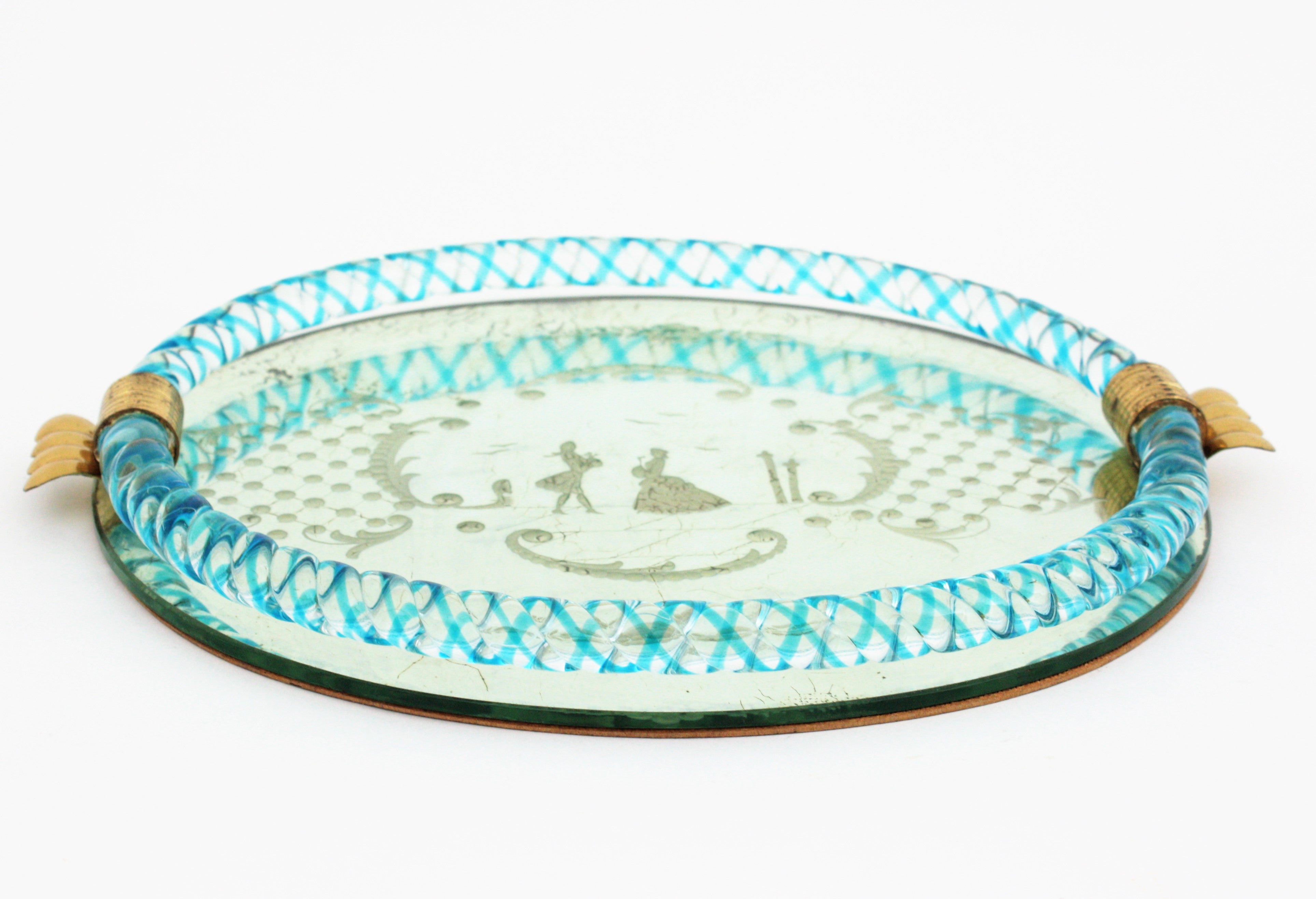 Venetian Blue Murano Glass Etched Mirror Tray In Good Condition For Sale In Barcelona, ES