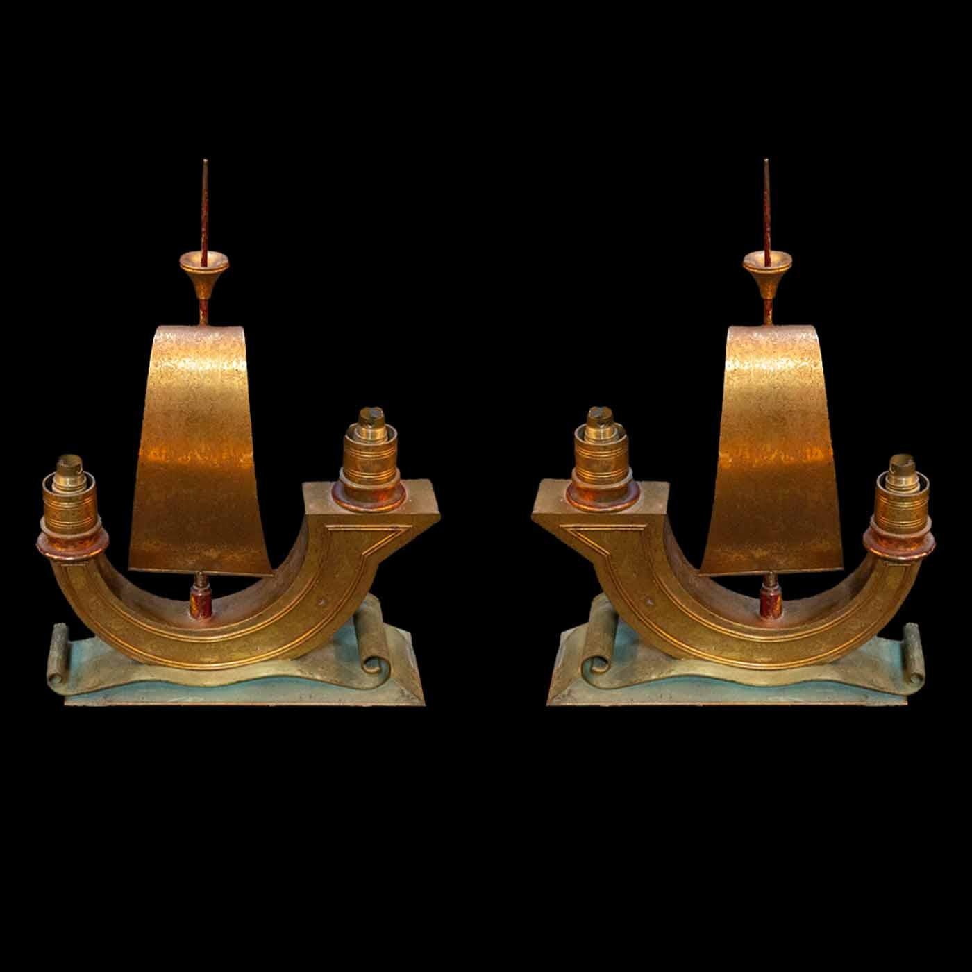 1940's French Bronze Galleon Ship Lamps, Pair In Good Condition For Sale In New York, NY