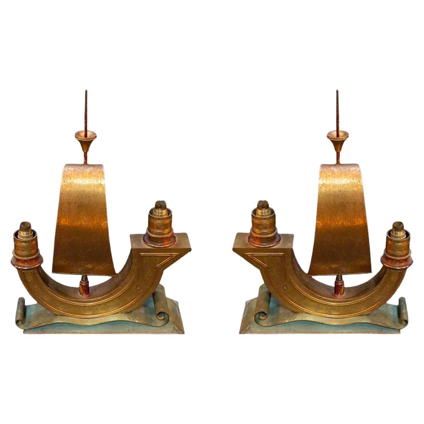 1940's French Bronze Galleon Ship Lamps, Pair For Sale