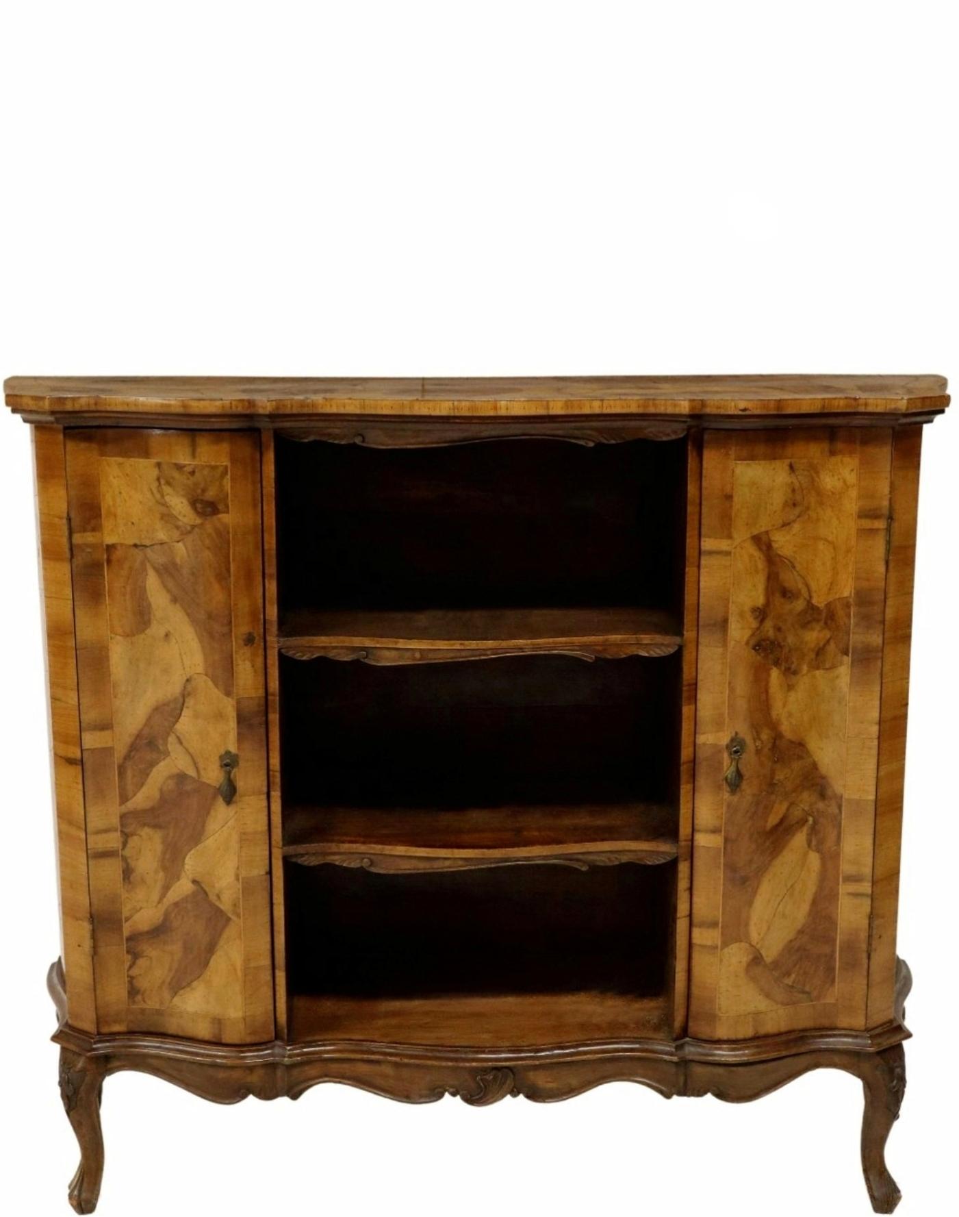 Hand-Carved Venetian Burl Patchwork Bookcase Cabinet Narrow Server  For Sale