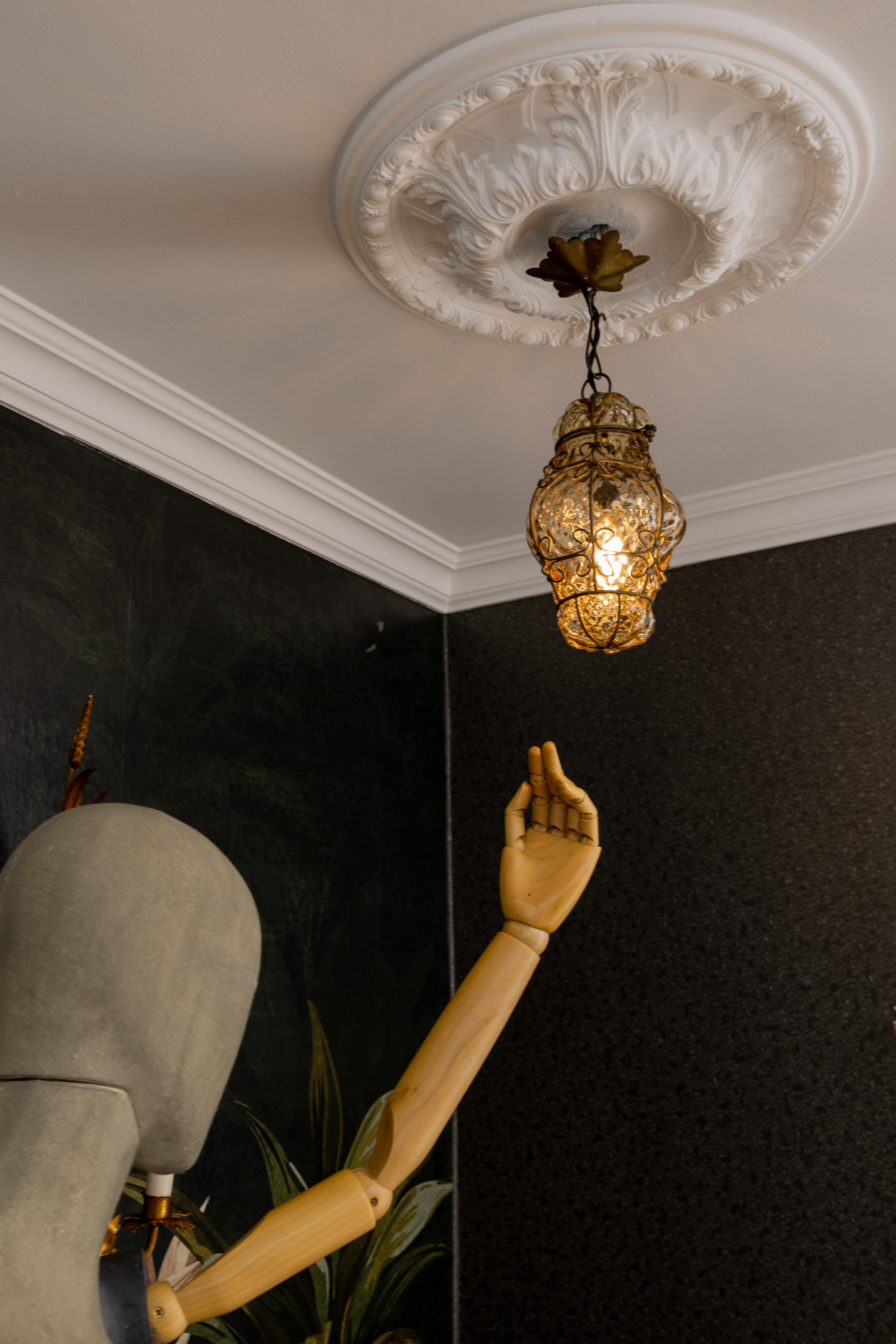 Venetian Caged Amber Toned Murano Glass Pendant Light Lantern, 1930s For Sale 2