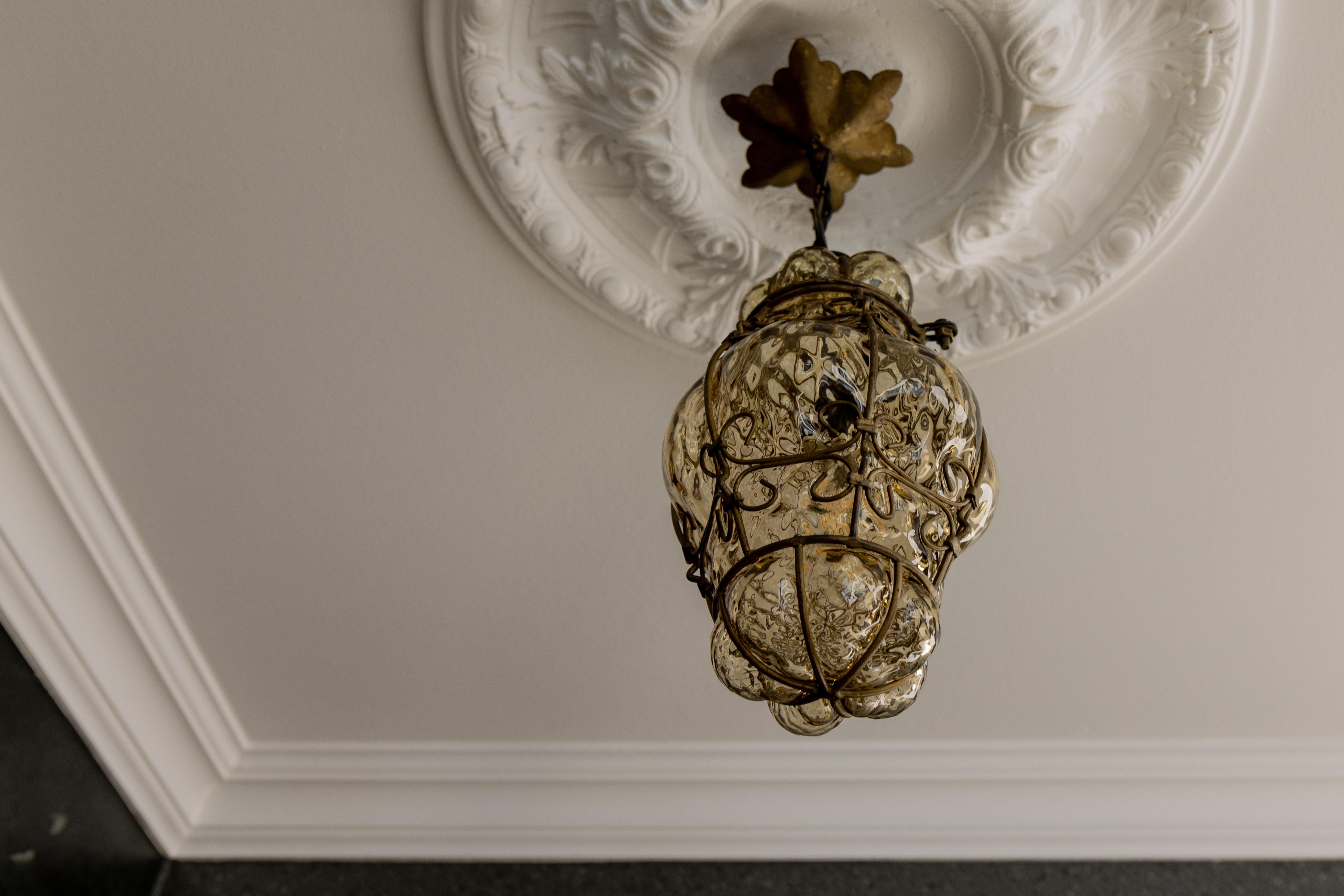 Venetian Caged Amber Toned Murano Glass Pendant Light Lantern, 1930s For Sale 3