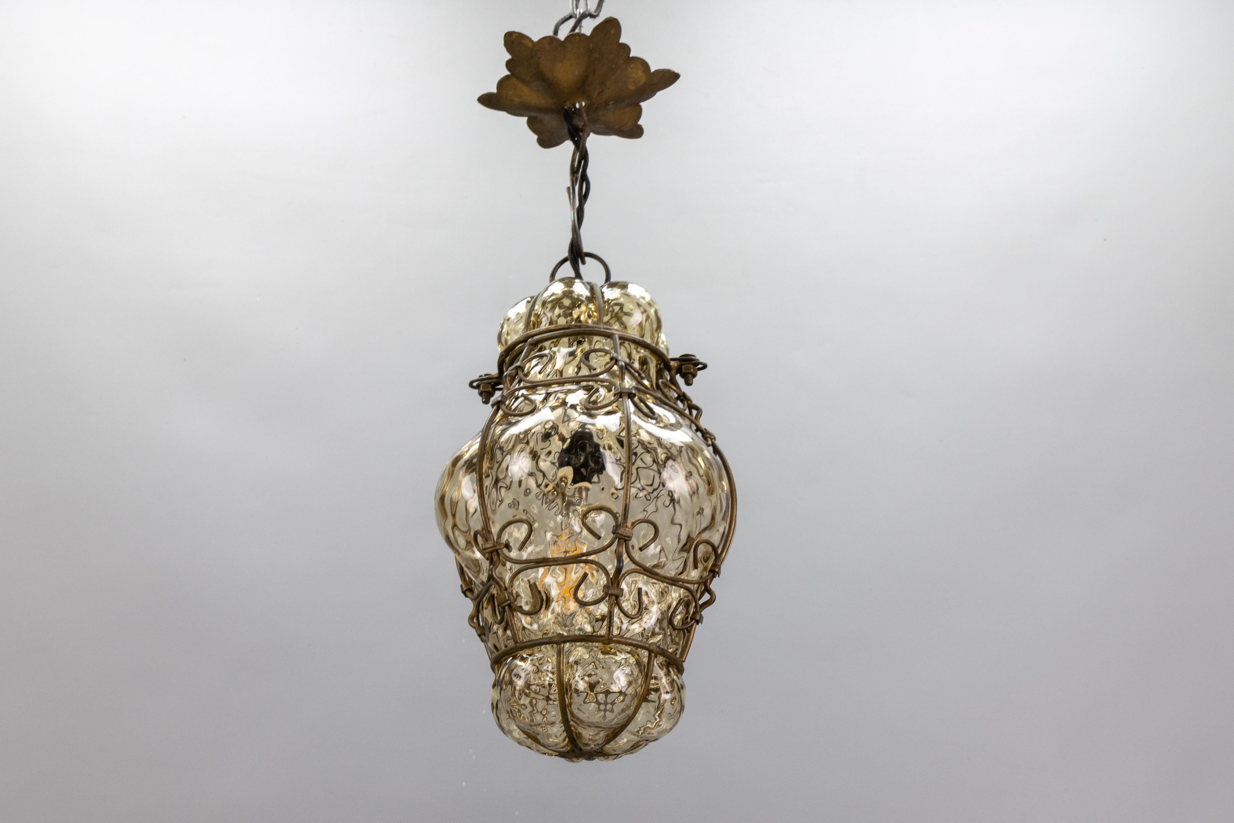 Venetian Caged Amber Toned Murano Glass Pendant Light Lantern, 1930s For Sale 4