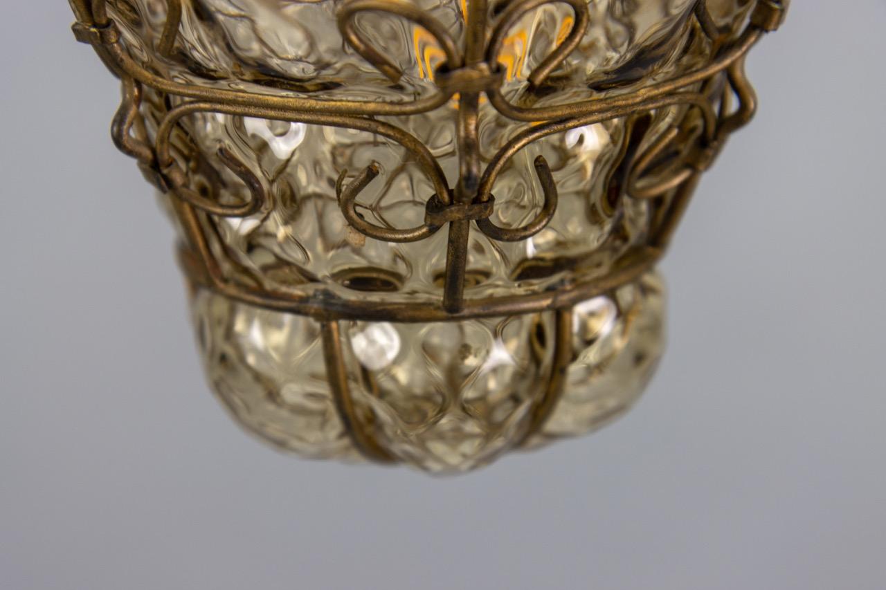 Venetian Caged Amber Toned Murano Glass Pendant Light Lantern, 1930s For Sale 7