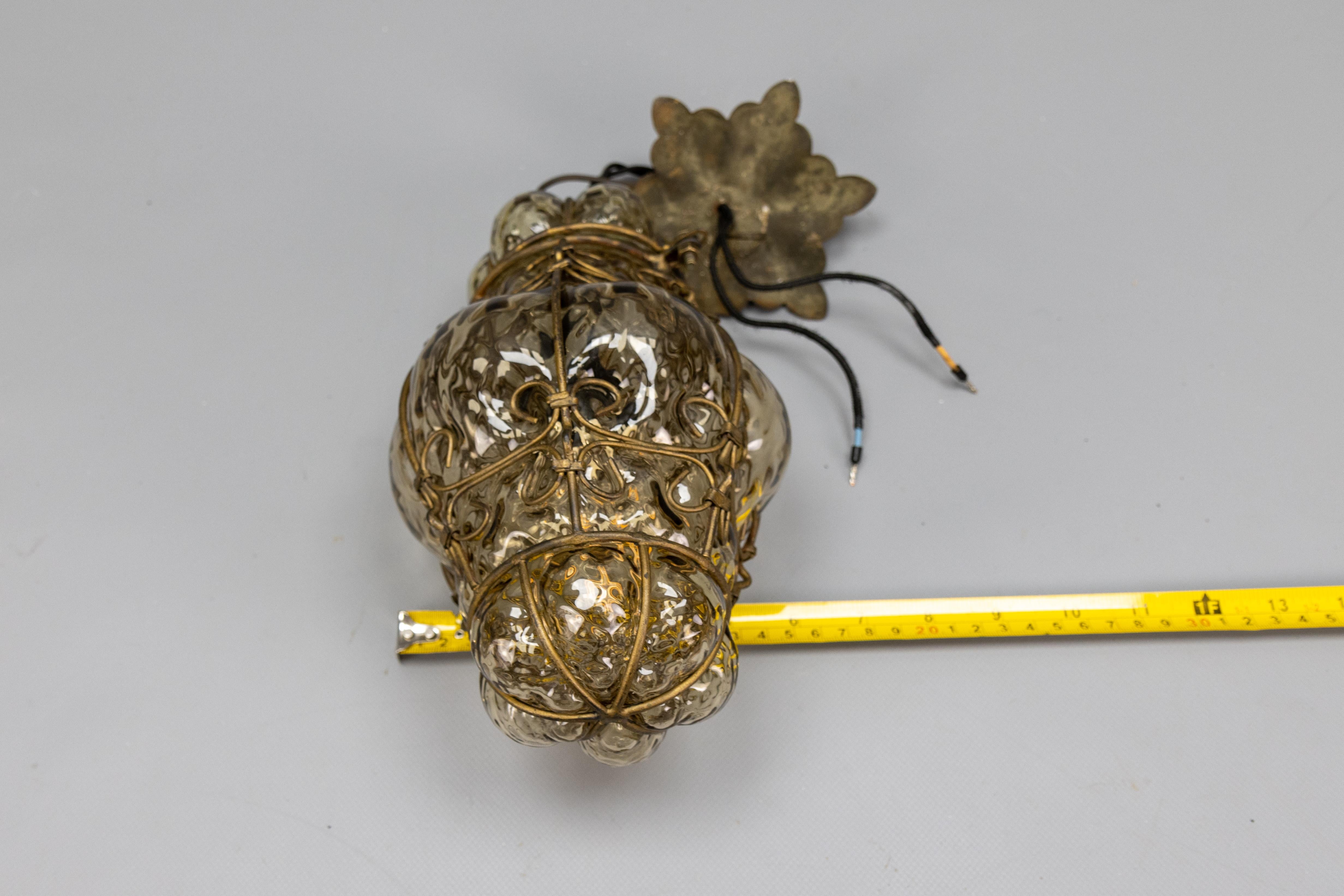 Venetian Caged Amber Toned Murano Glass Pendant Light Lantern, 1930s For Sale 8