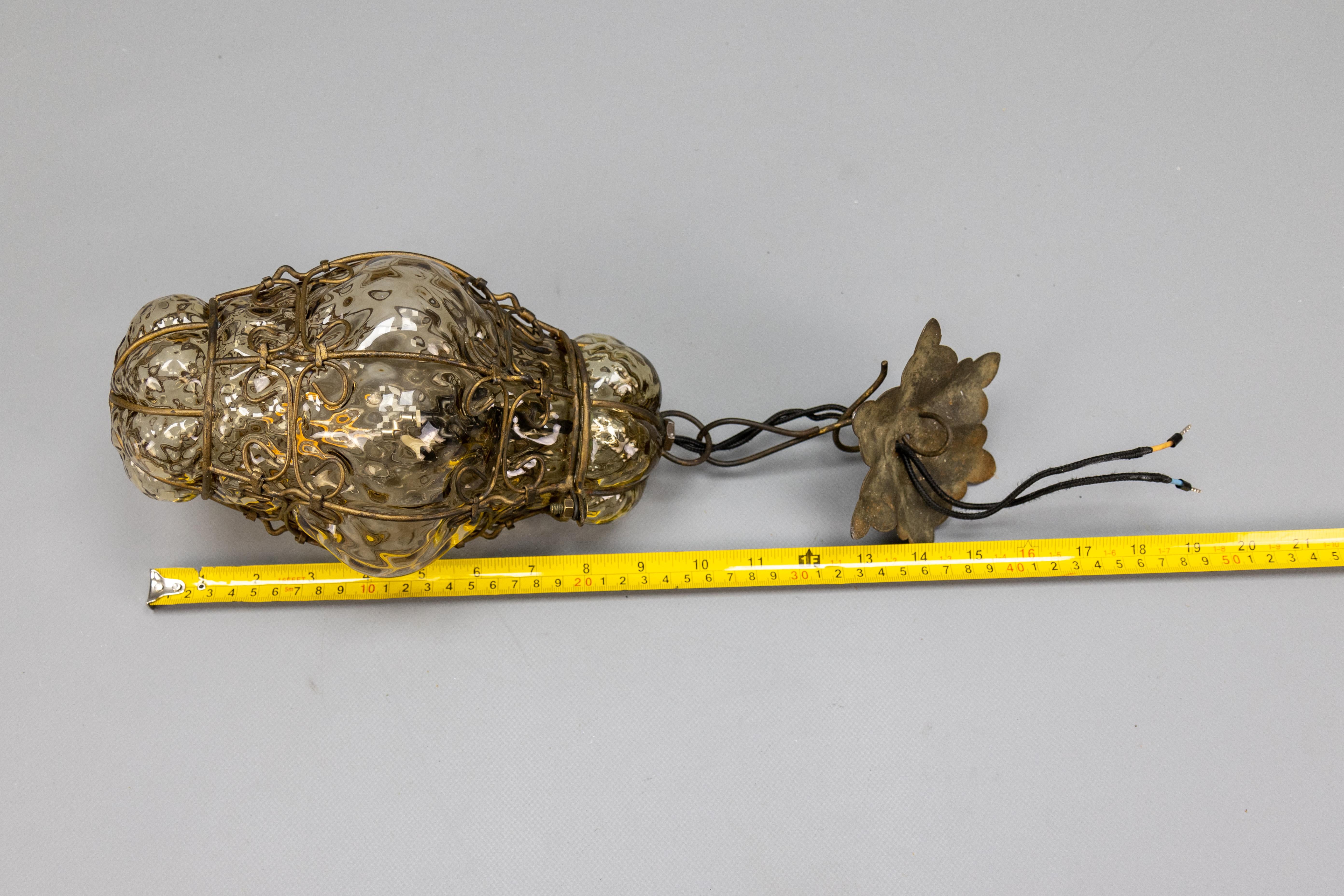 Venetian Caged Amber Toned Murano Glass Pendant Light Lantern, 1930s For Sale 9