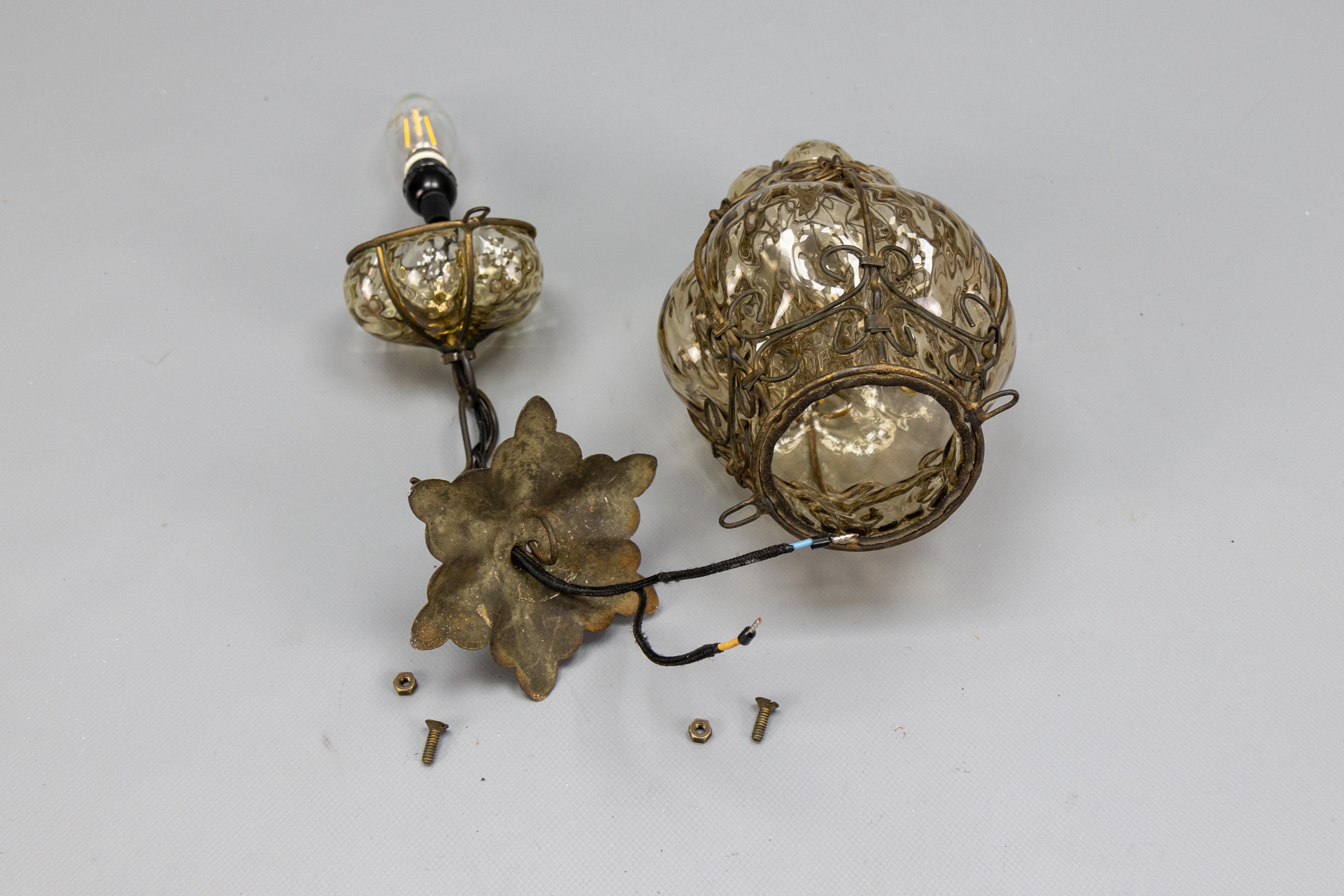 Venetian Caged Amber Toned Murano Glass Pendant Light Lantern, 1930s For Sale 10