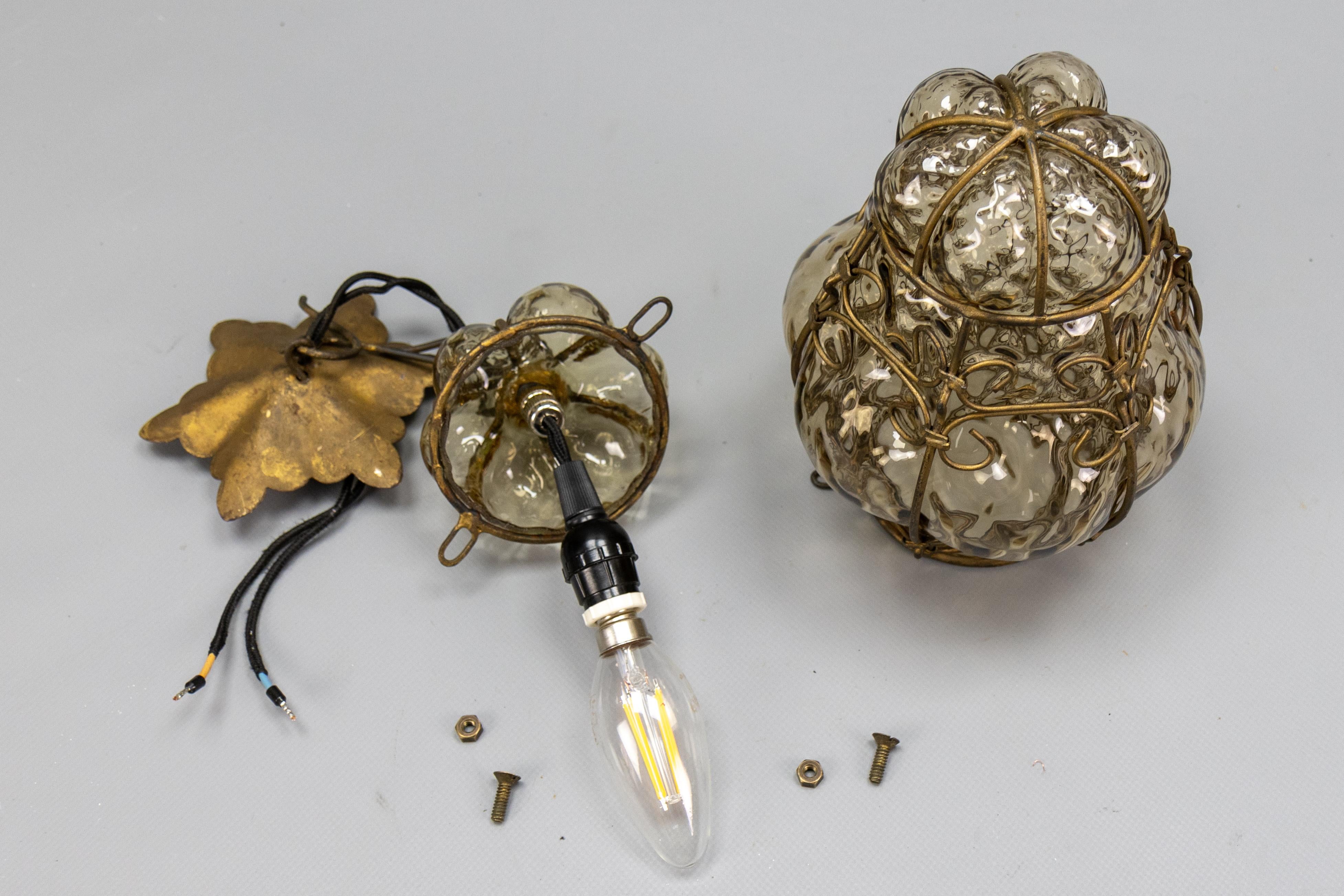 Venetian Caged Amber Toned Murano Glass Pendant Light Lantern, 1930s For Sale 11