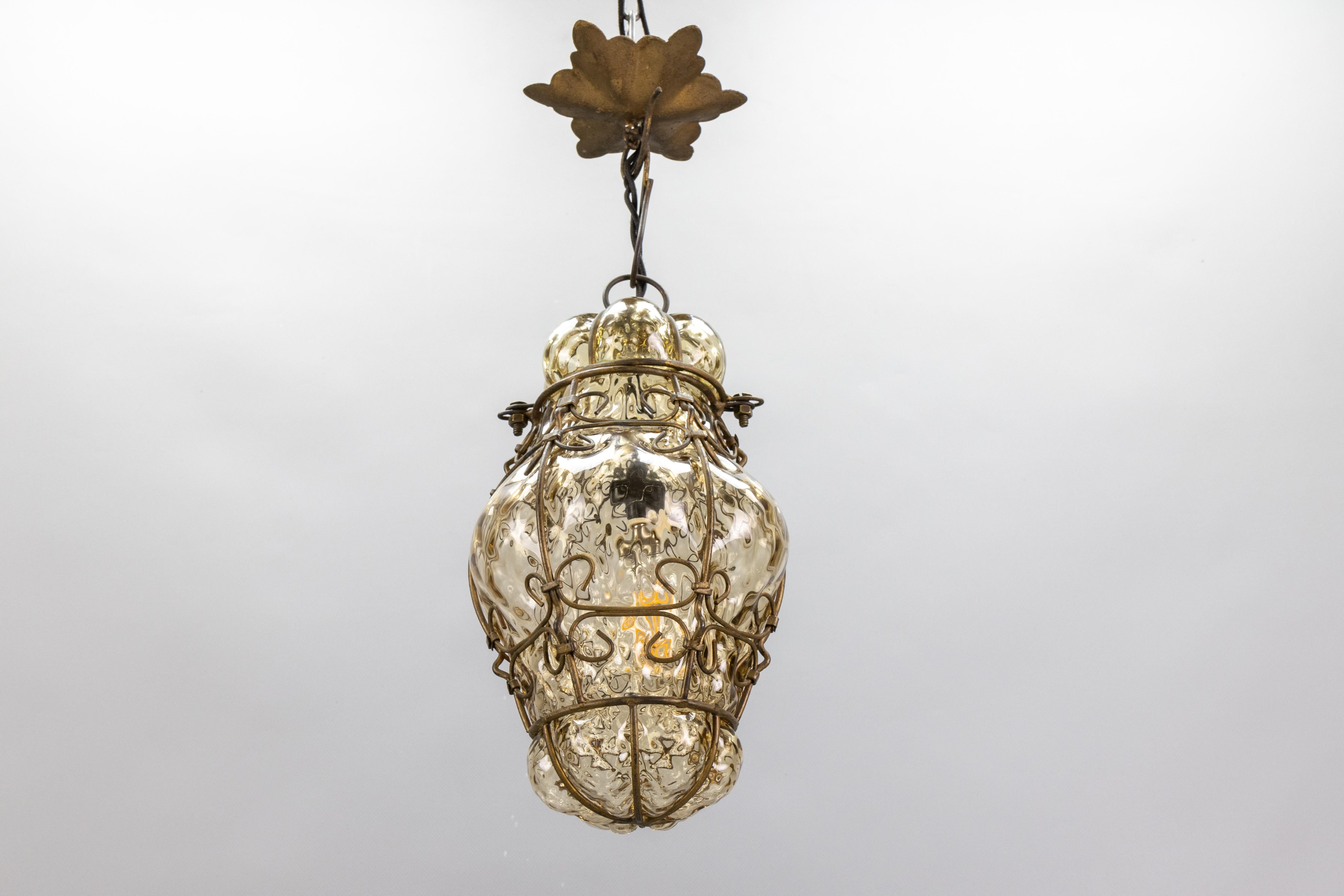 Venetian Caged Amber Toned Murano Glass Pendant Light Lantern, 1930s For Sale 12