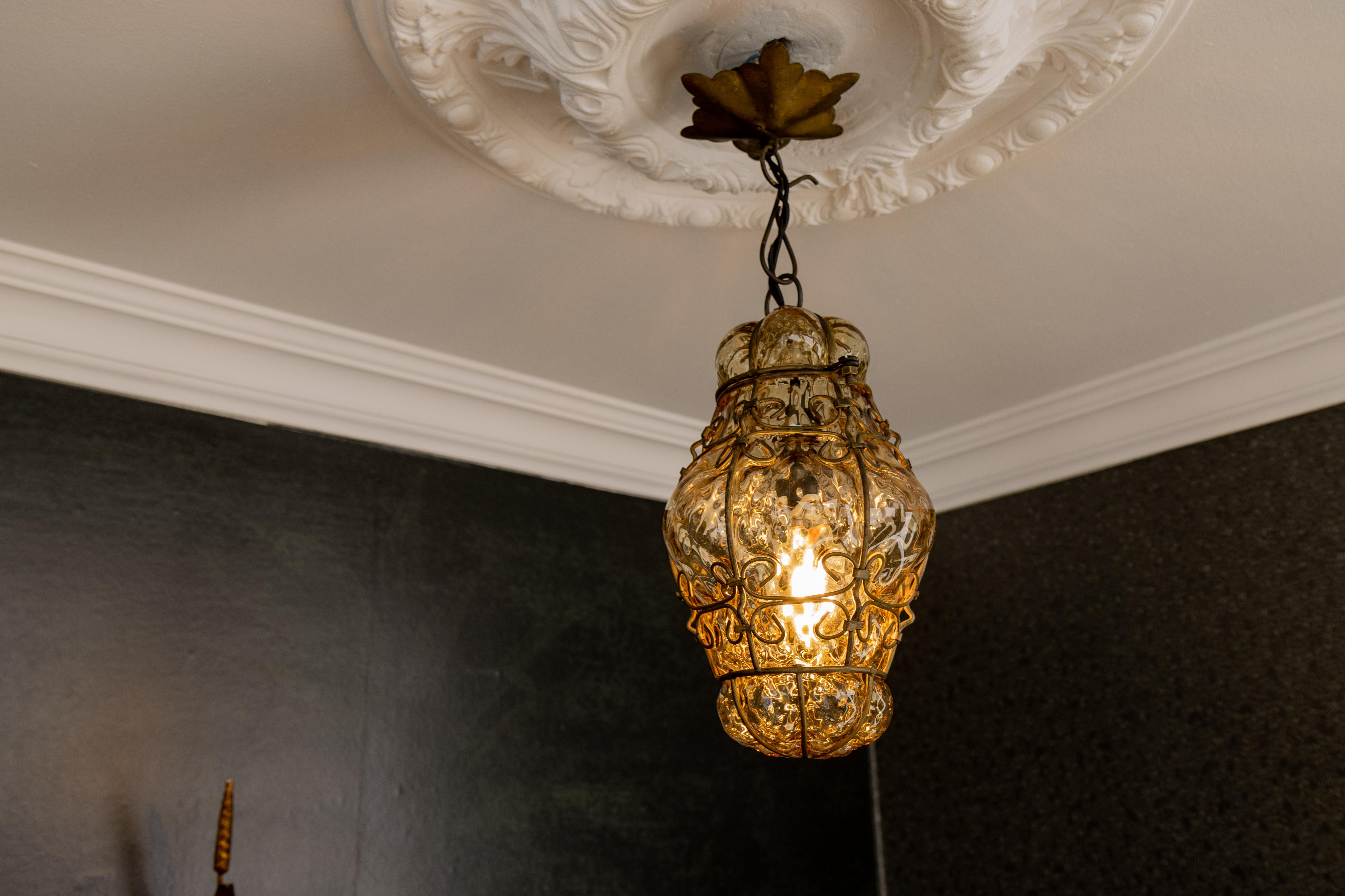 Arts and Crafts Venetian Caged Amber Toned Murano Glass Pendant Light Lantern, 1930s For Sale