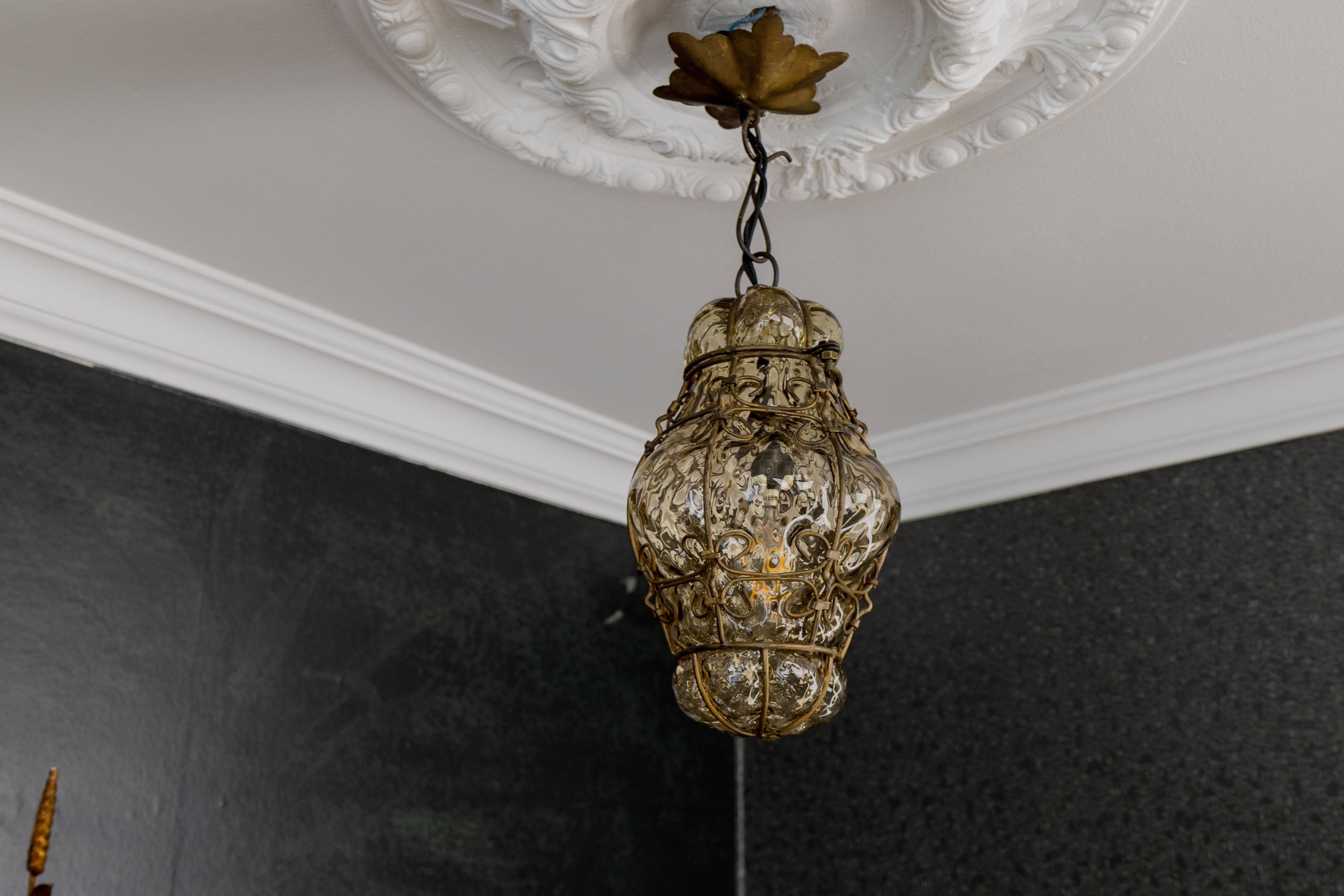 Italian Venetian Caged Amber Toned Murano Glass Pendant Light Lantern, 1930s For Sale