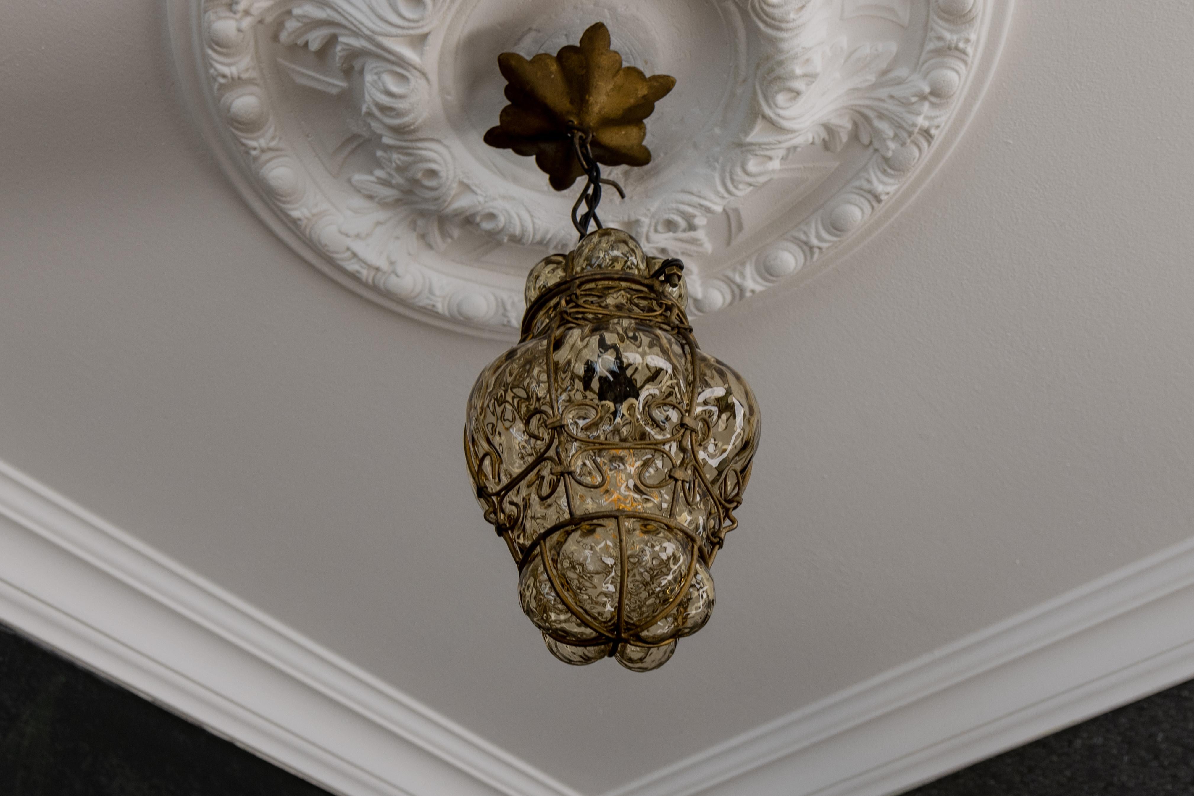 Hand-Crafted Venetian Caged Amber Toned Murano Glass Pendant Light Lantern, 1930s For Sale