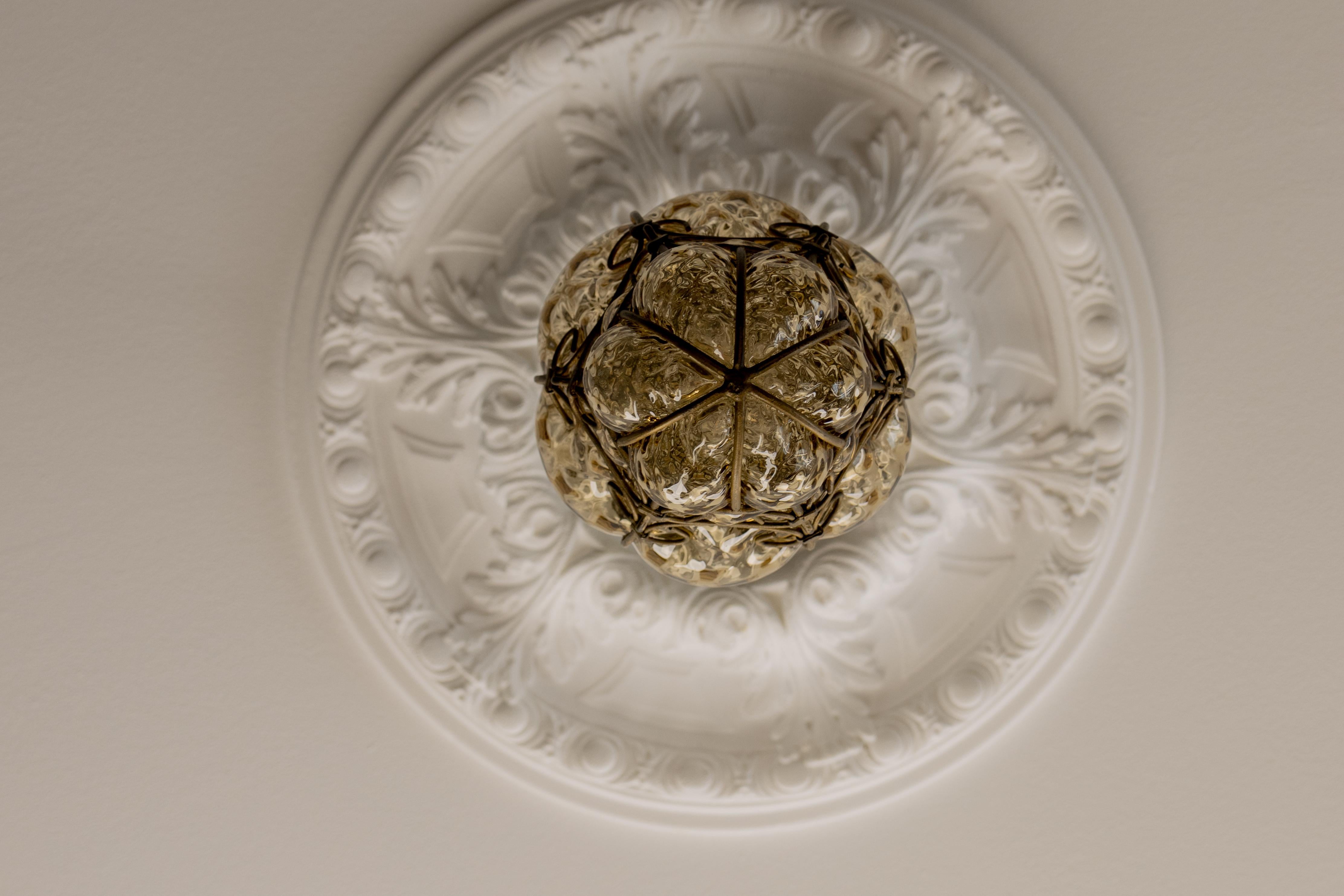 Venetian Caged Amber Toned Murano Glass Pendant Light Lantern, 1930s In Good Condition For Sale In Barntrup, DE