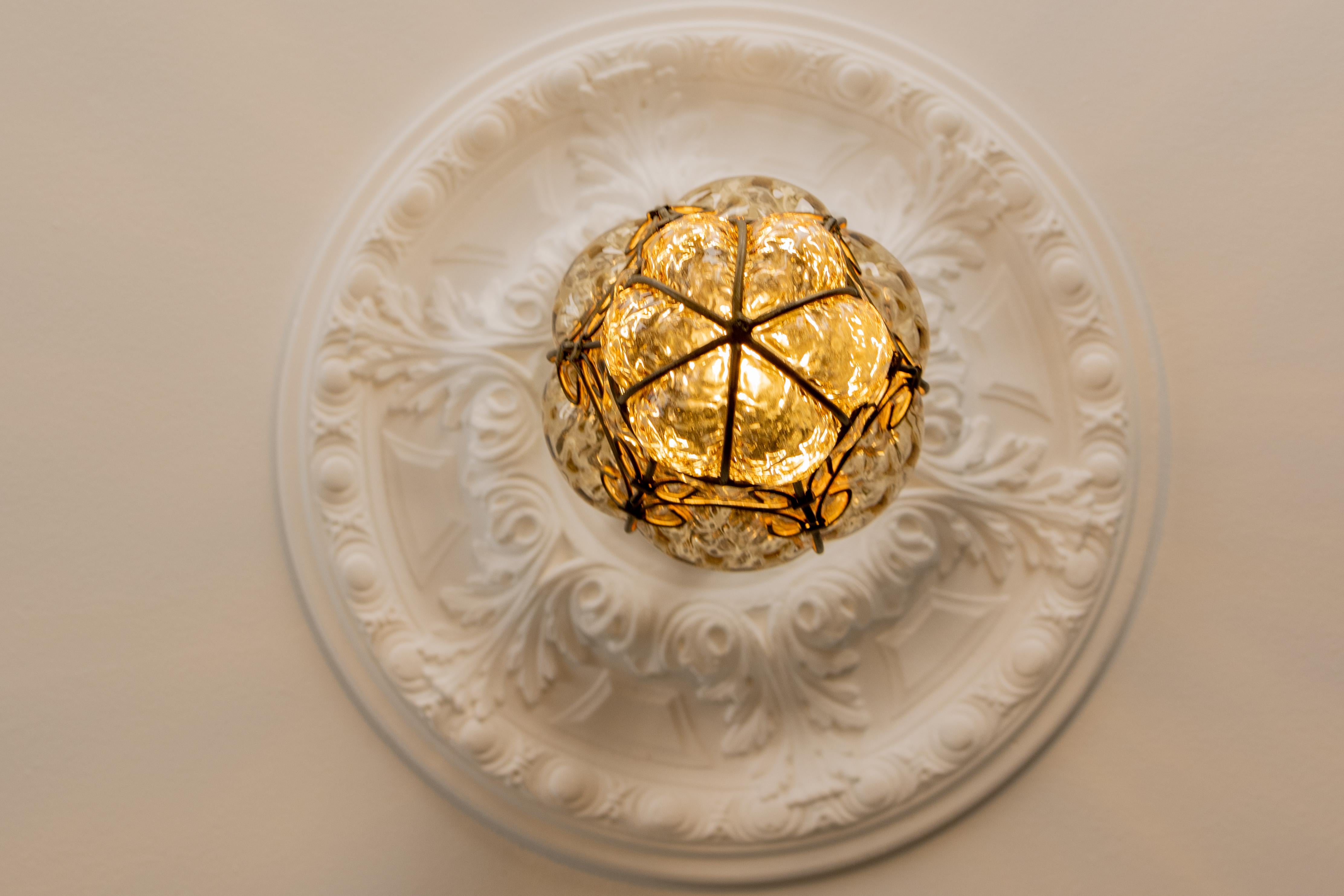Mid-20th Century Venetian Caged Amber Toned Murano Glass Pendant Light Lantern, 1930s For Sale