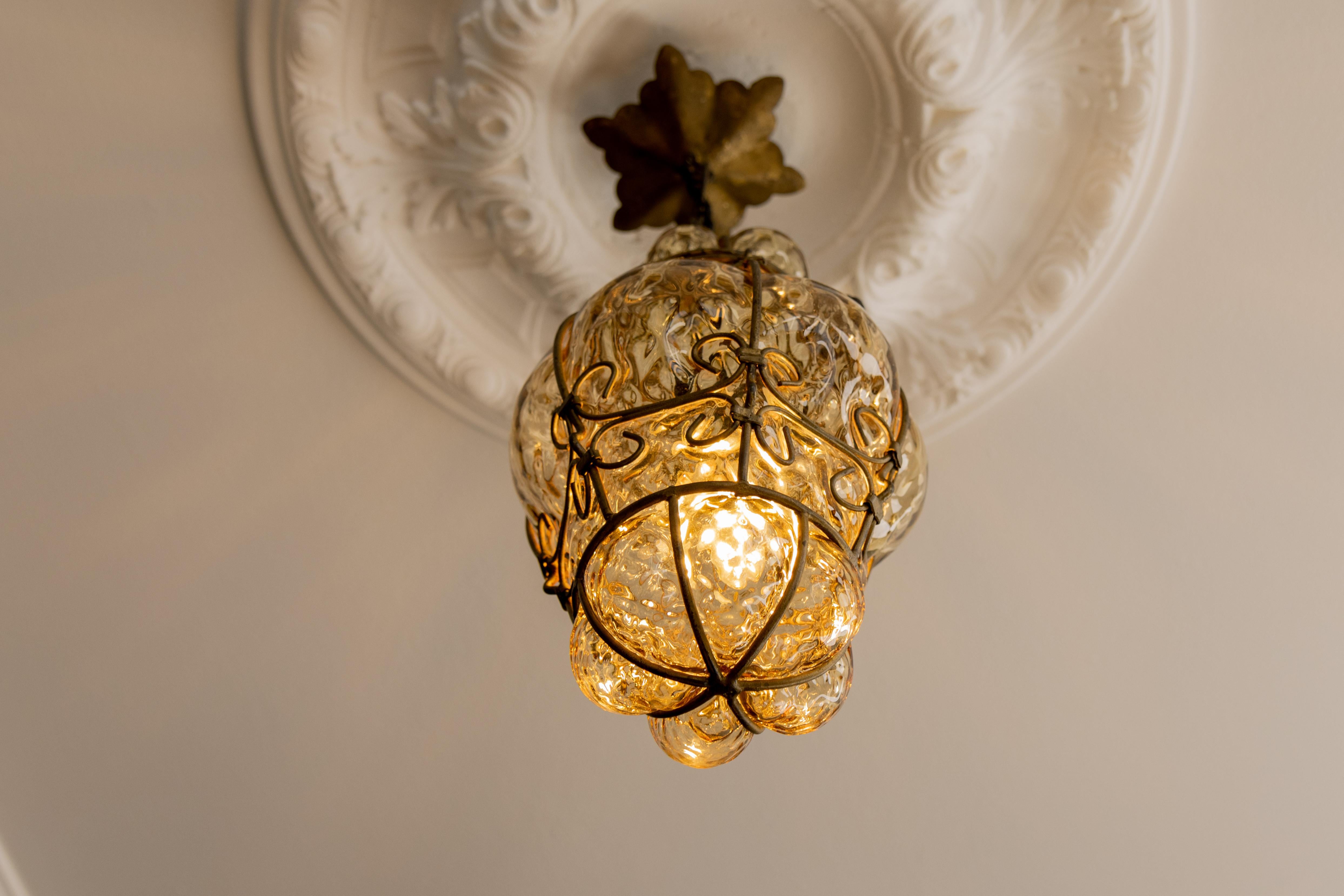 Metal Venetian Caged Amber Toned Murano Glass Pendant Light Lantern, 1930s For Sale