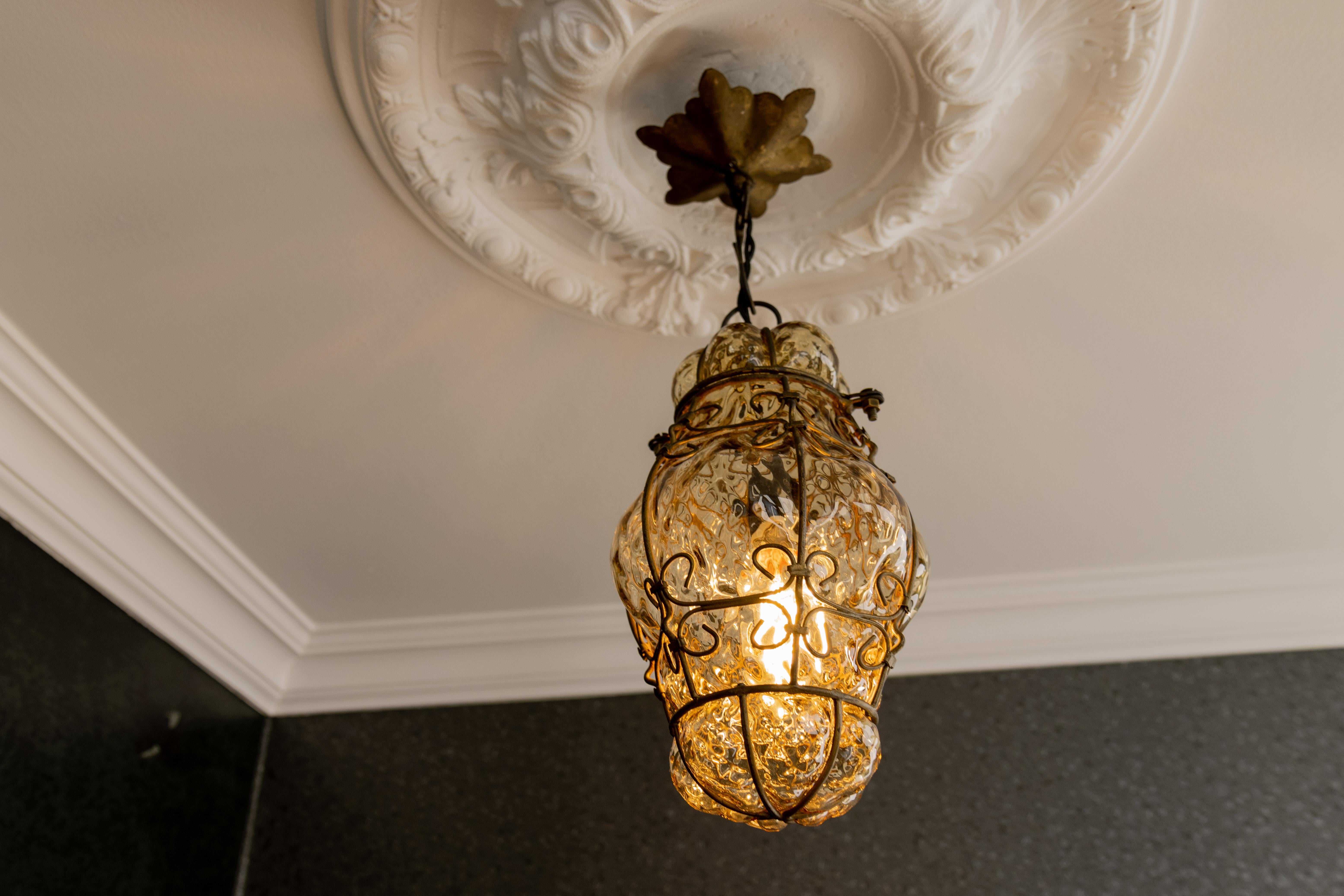 Venetian Caged Amber Toned Murano Glass Pendant Light Lantern, 1930s For Sale 1
