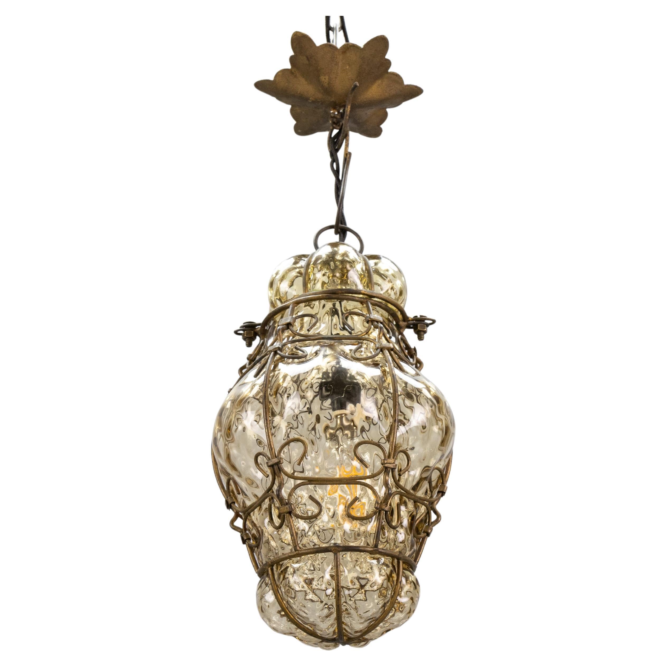 Venetian Caged Amber Toned Murano Glass Pendant Light Lantern, 1930s