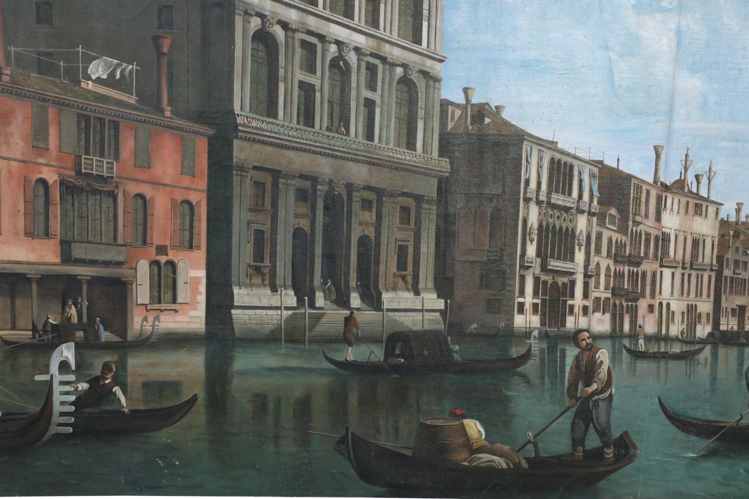 Vintage Venetian-Style (20th Century) painting of gondolas in a jade green canal lined with classic architecture under a cloudy blue sky on unframed, rectangular canvas.
 