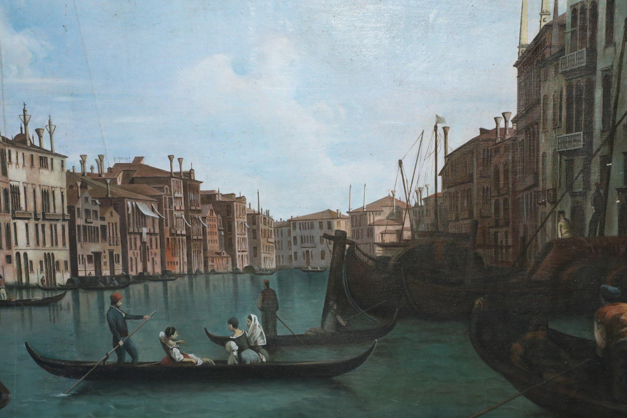 Rococo Venetian Canal and Gondolas Painting on Canvas For Sale