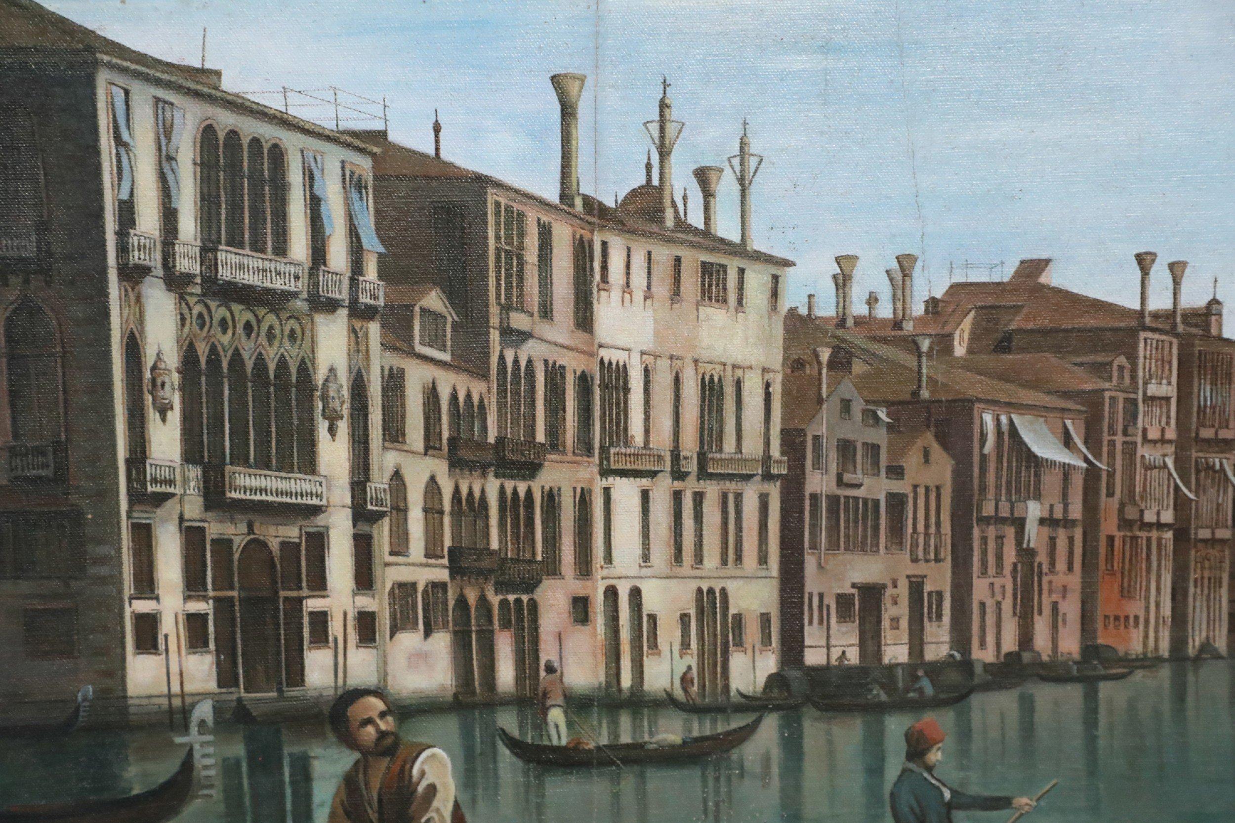 Oiled Venetian Canal and Gondolas Painting on Canvas For Sale