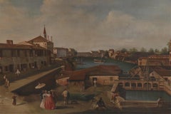 Venetian Canal and Town Oil Painting, Rococo Style, 20th Century