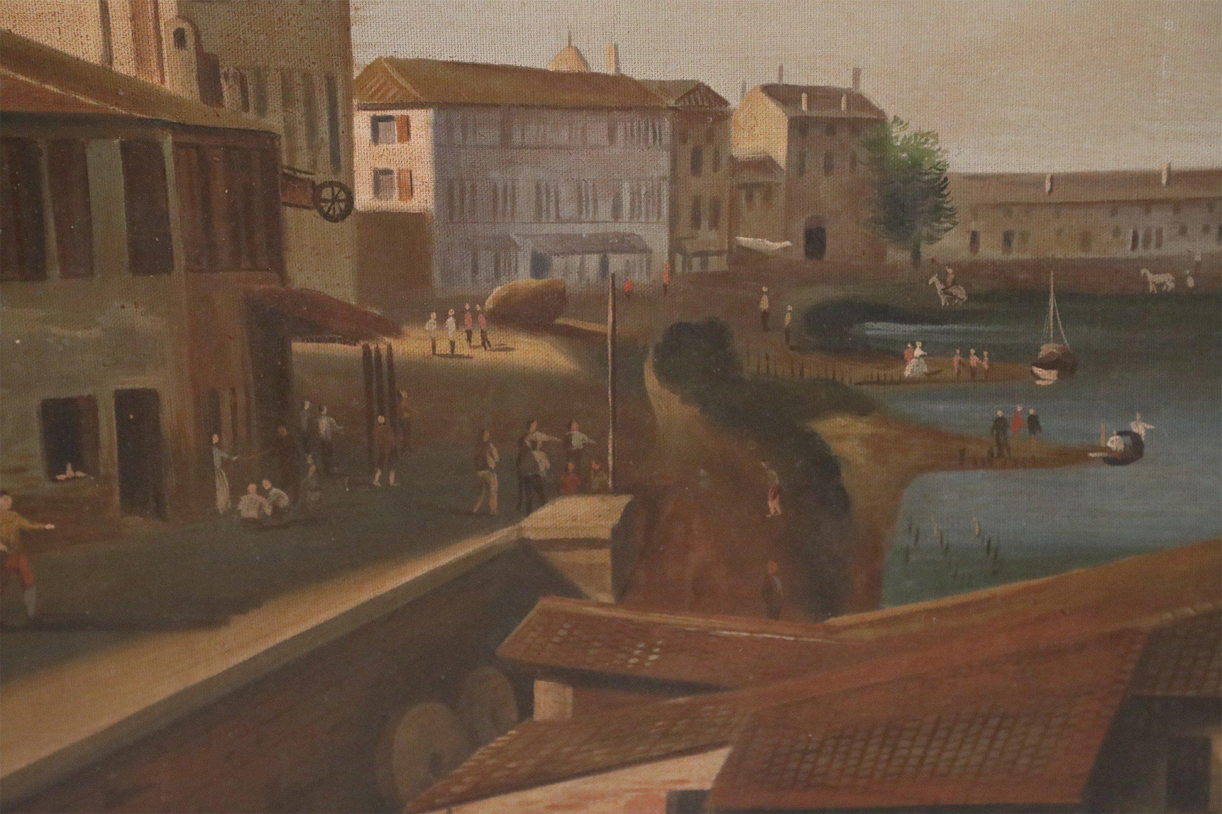 Venetian Canal and Town Oil Painting on Canvas In Good Condition For Sale In New York, NY