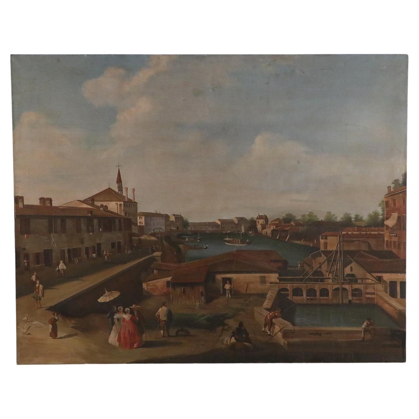 Venetian Canal and Town Oil Painting on Canvas For Sale