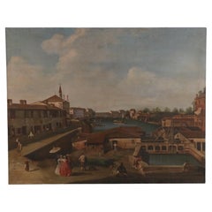 Vintage Venetian Canal and Town Oil Painting on Canvas