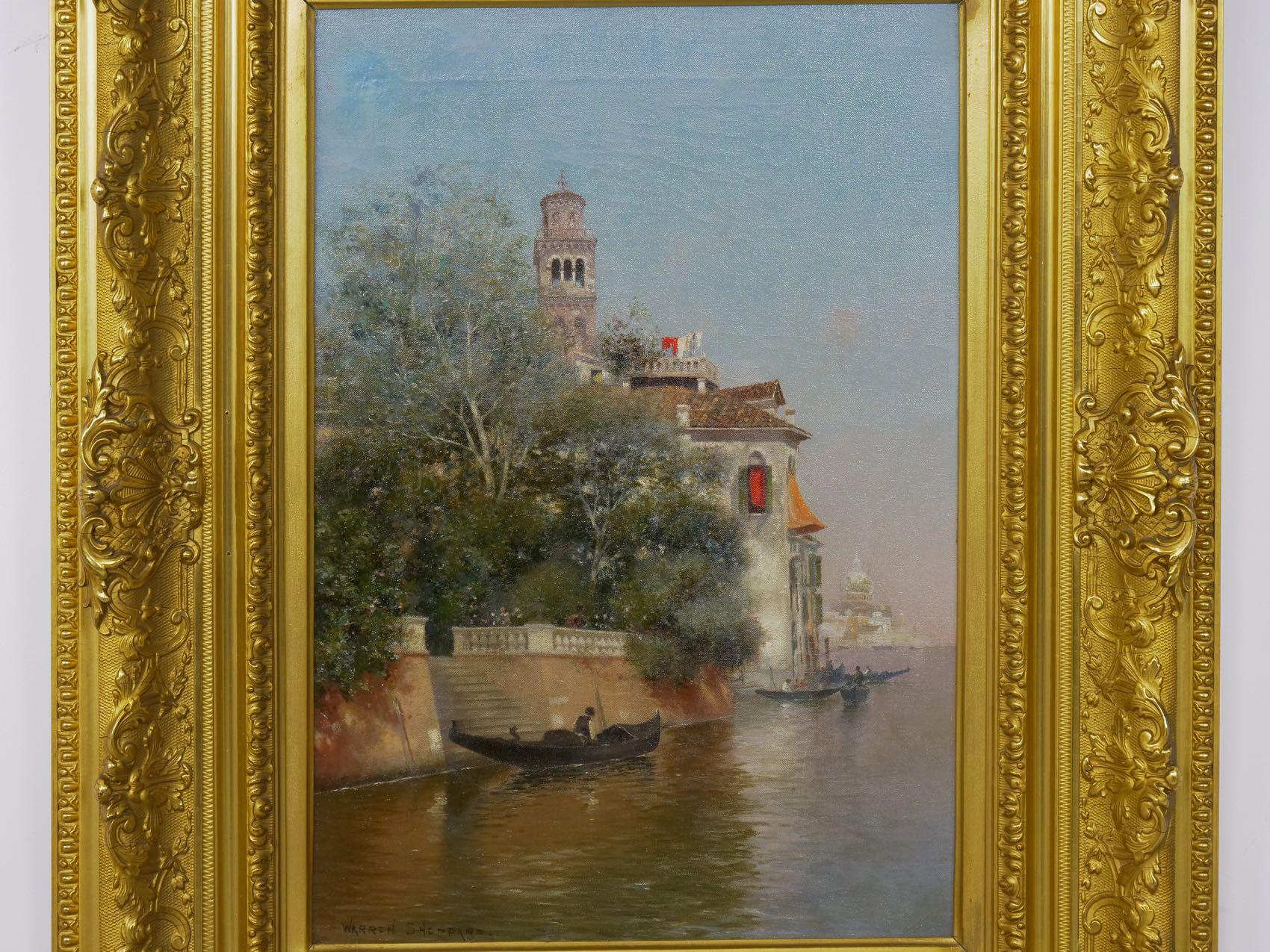 An exquisite little scene that captures a summer day with a view of the canals from Rio del Giardini in Venice. A gondolier has pulled his boat up along the stone bank, perhaps pausing to collect a passenger from the descending steps. The terrace