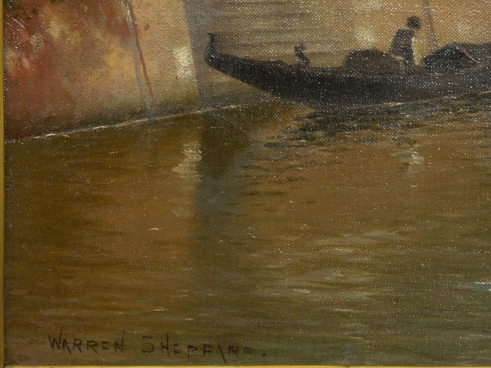 Canvas “Venetian Canal” Antique Oil Painting by Warren Shepherd 'American, 1858-1937'