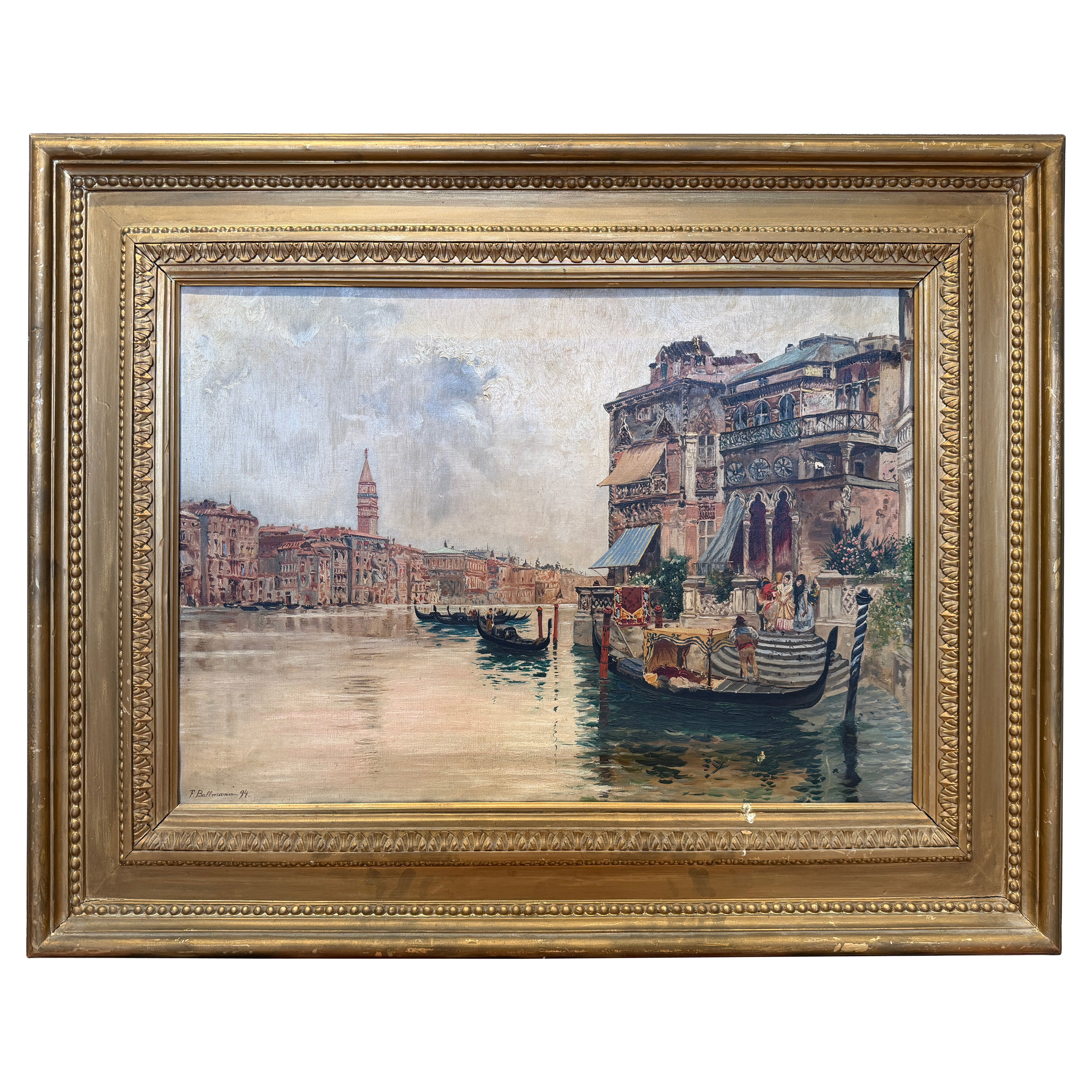 Venetian Canal Scene by F. Ballmann (1894) in an Elegant Gilt Frame For Sale